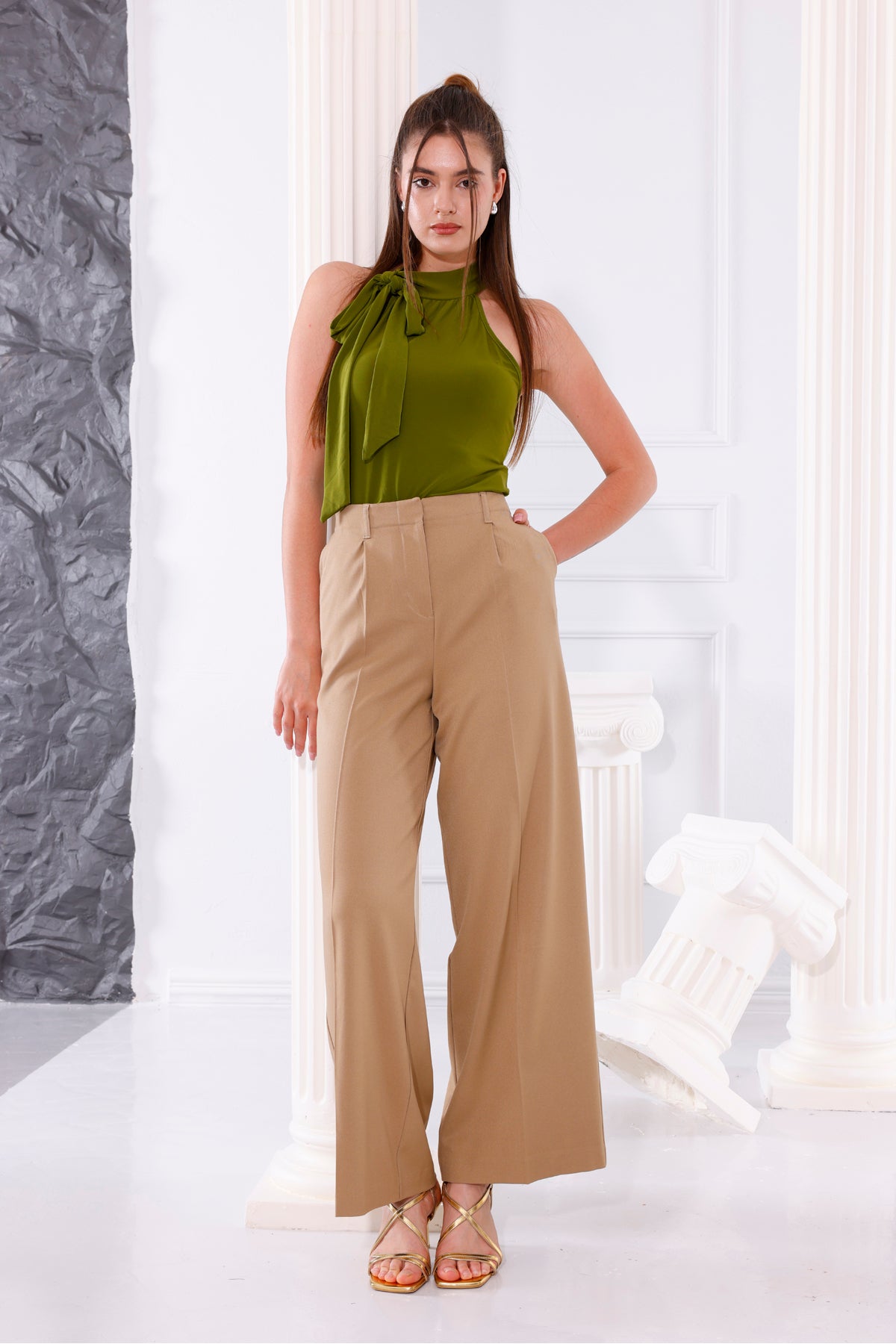 Kadın Pantolon Palazzo Pantolon Pileli Geniş Paça Arka Cepli Bol Paça Kadın Camel Kumaş Pantolon