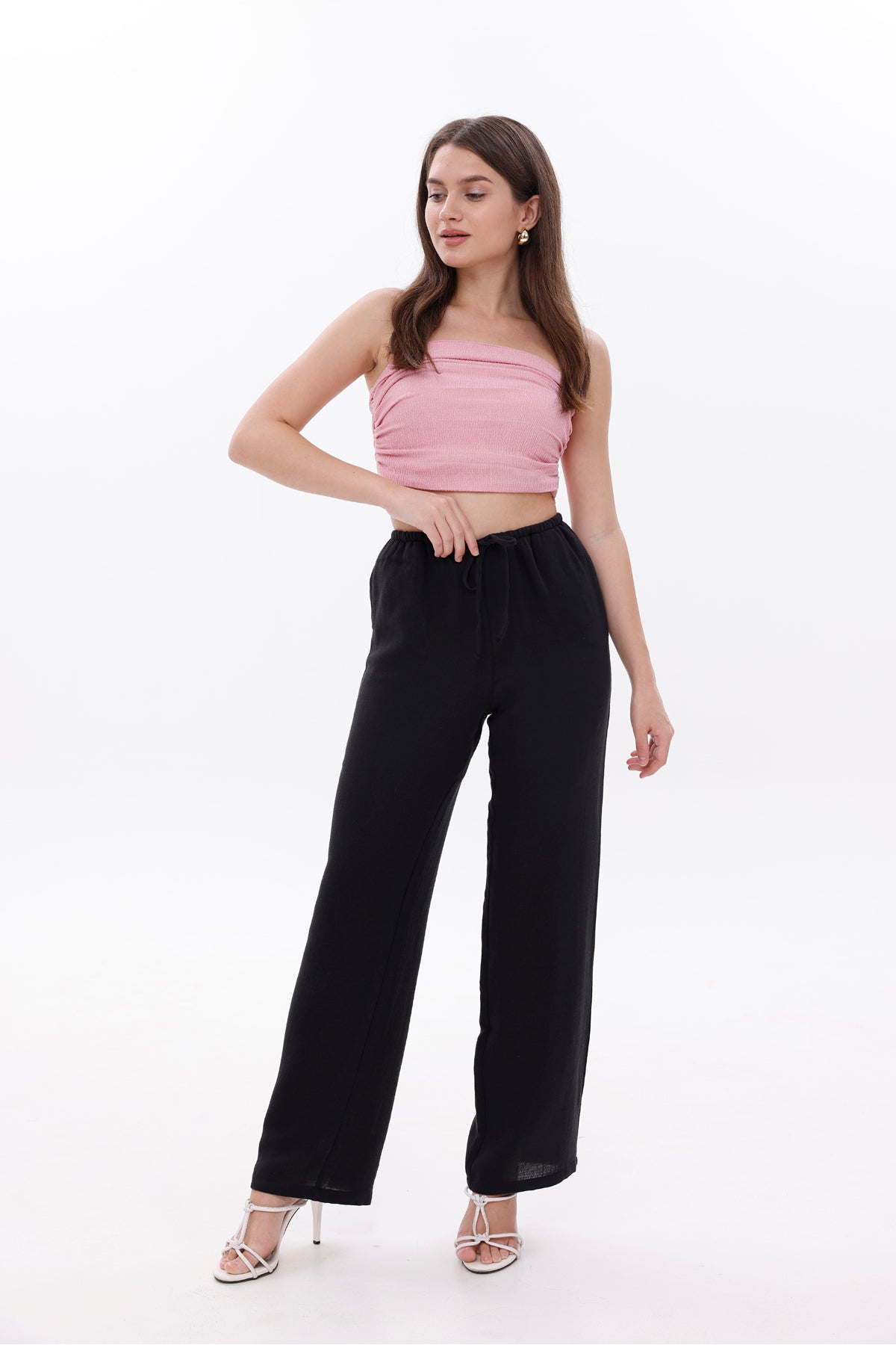 Kadın Pantolon Beli Lastikli Bağcıklı Bol Paça Pantolon Geniş Paça Rahat Pantolon