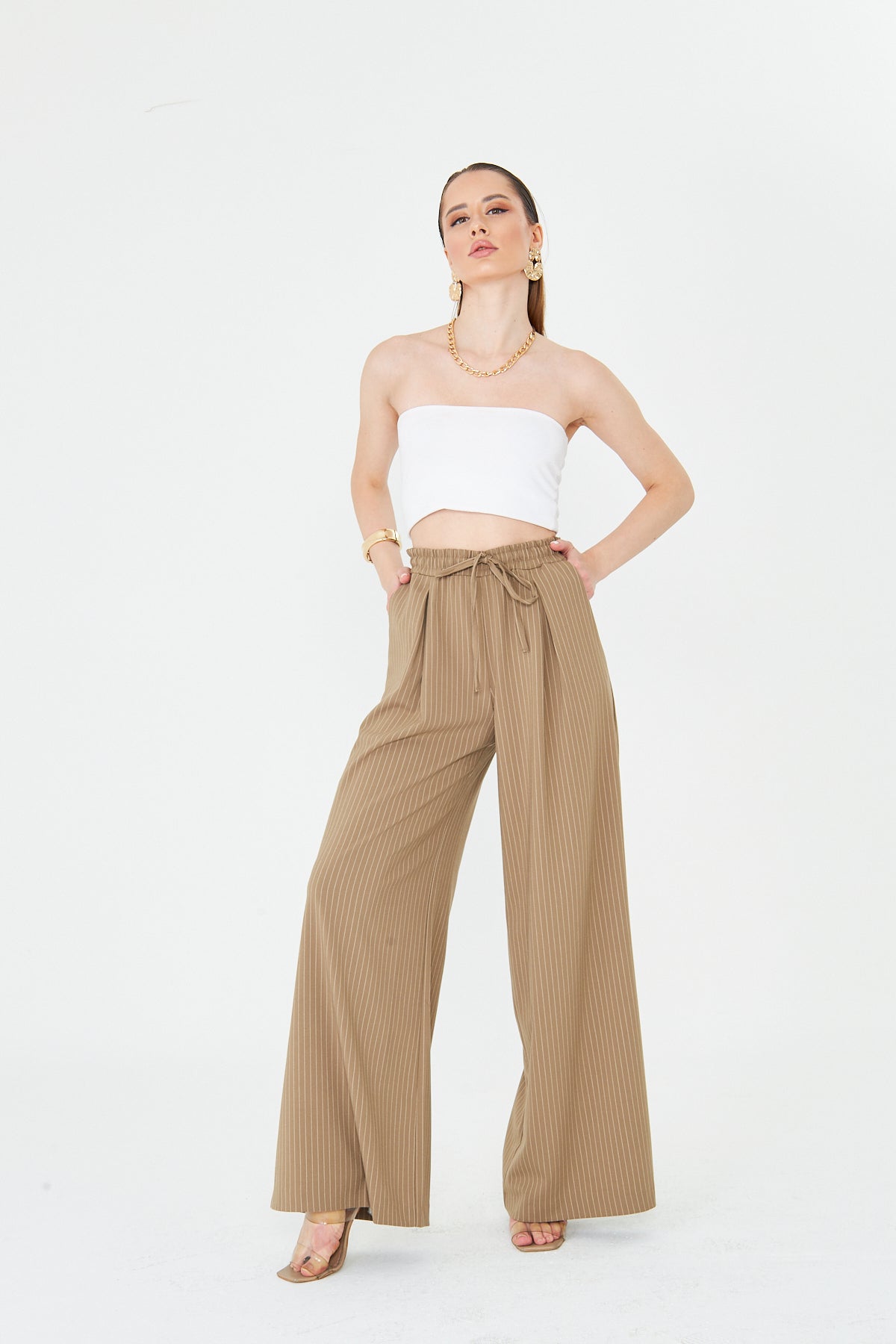 Kadın Pantolon Beli Lastikli Bağcıklı Bol Paça Pantolon Likralı Geniş Paça Rahat Çizgili