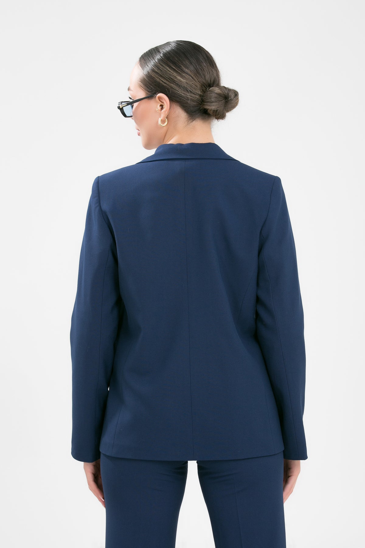 Alt Üst Takım Kadın Blazer Ceket Pantolon Takım Önden Kapak Cep Rahat Ceket Pantolon Takımı Lacivert