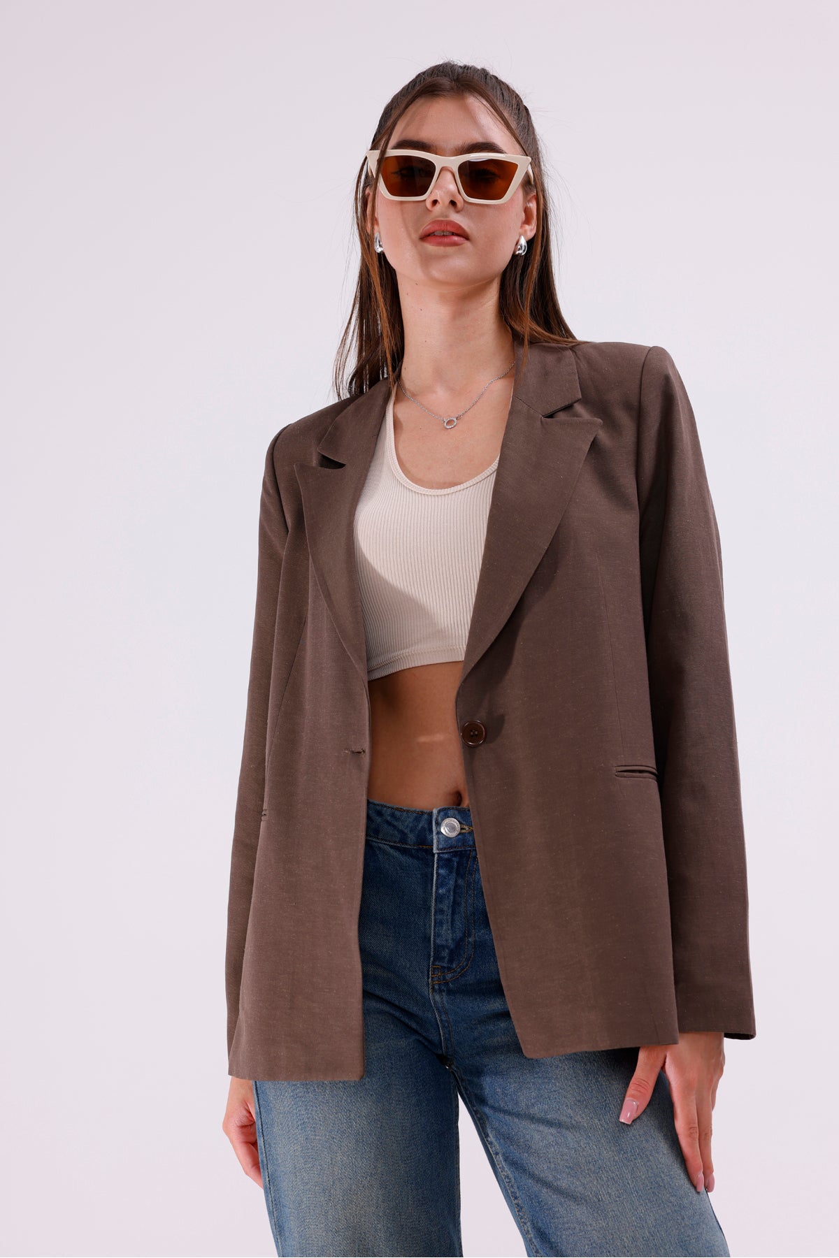 Kadın Ceket İçi Astarlı Haki Blazer Kadın Ceket Uzun Şık Blezir Tesettür Ceket Kumaş Düğmeli Spor