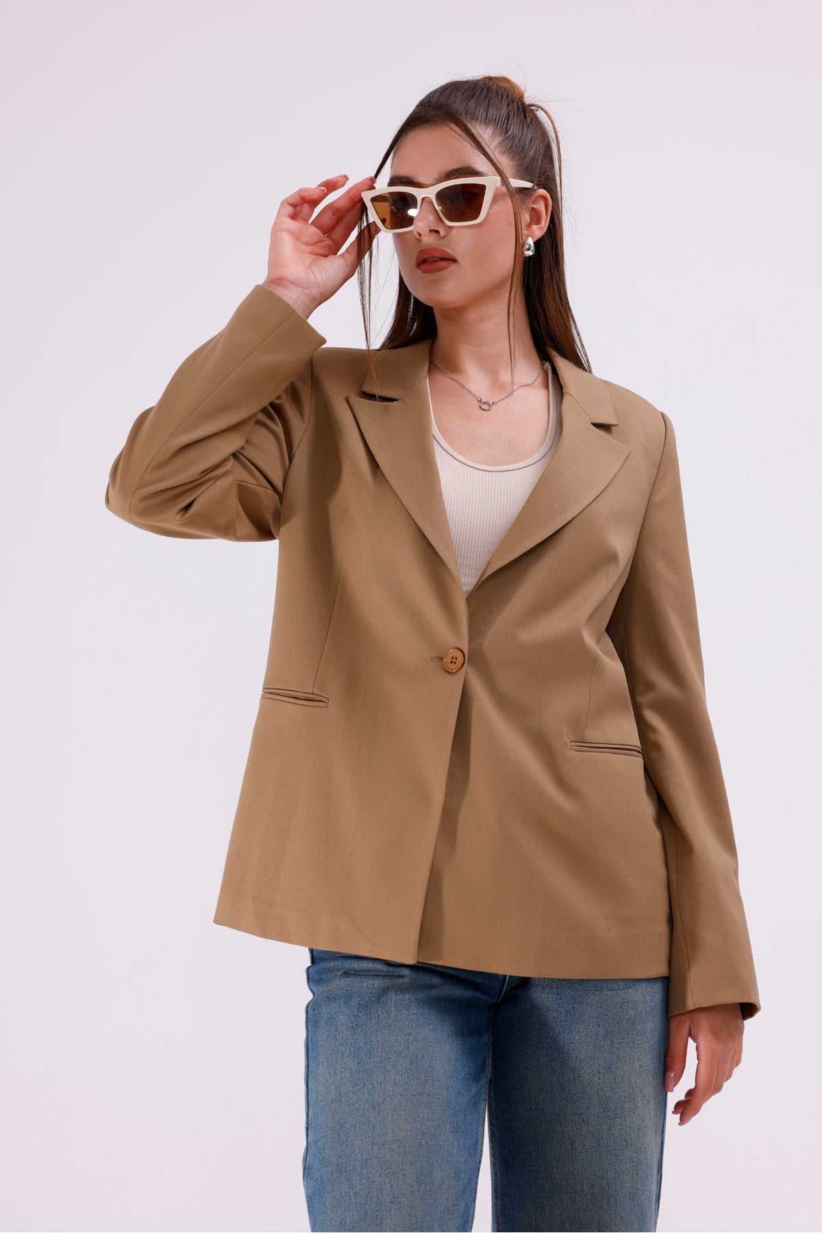 Kadın Ceket İçi Astarlı Blazer Kadın Ceket Uzun Şık Blezir Tesettür Ceket Kumaş Düğmeli Camel Spor
