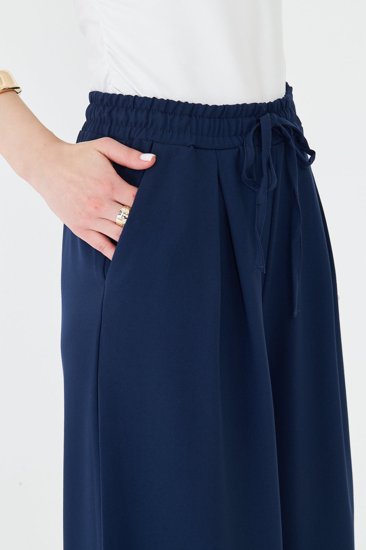 Kadın Pantolon Beli Lastikli Bağcıklı Bol Paça Pantolon Likralı Geniş Paça Rahat