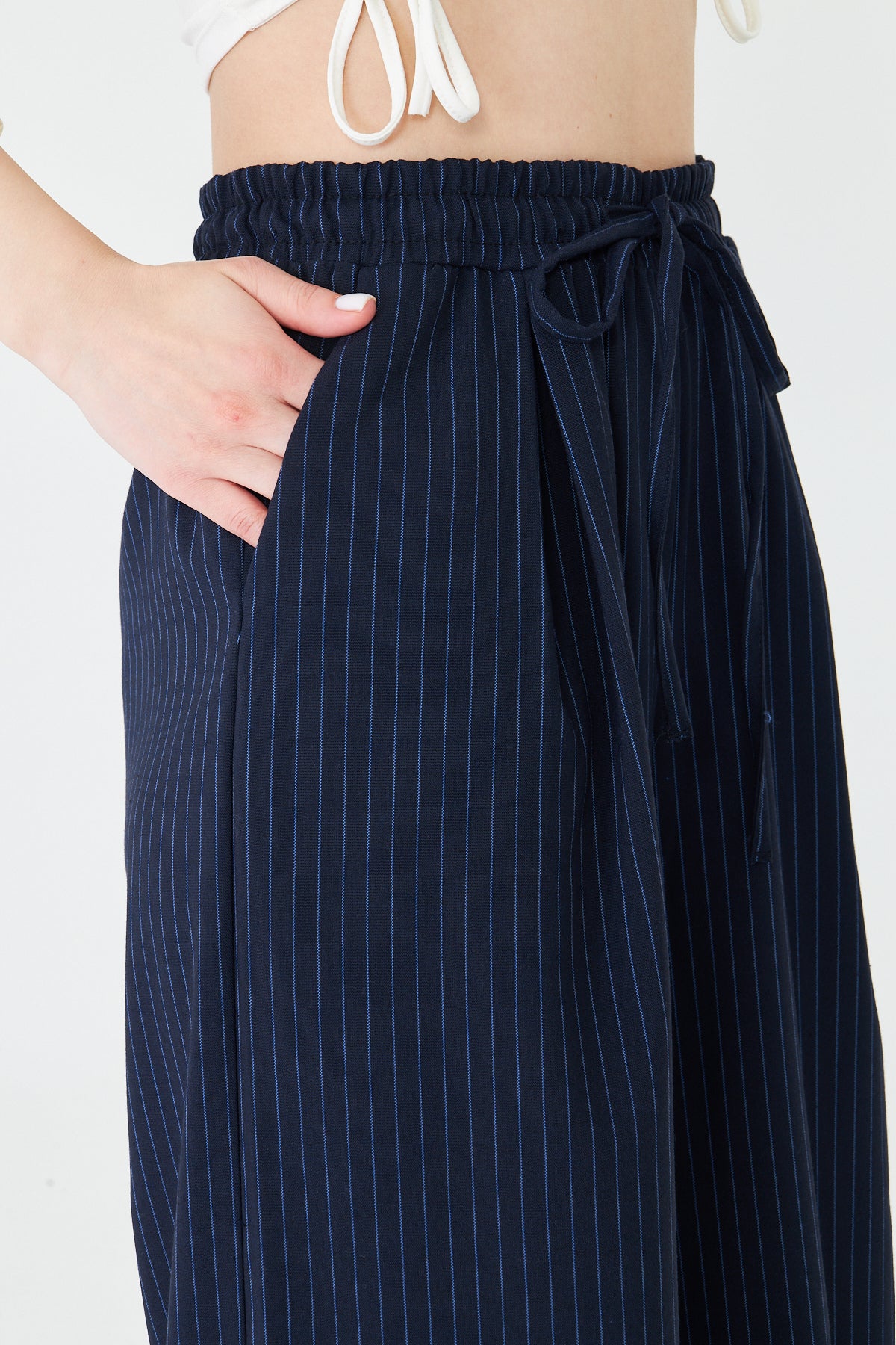 Kadın Pantolon Beli Lastikli Bağcıklı Bol Paça Pantolon Likralı Geniş Paça Rahat Çizgili