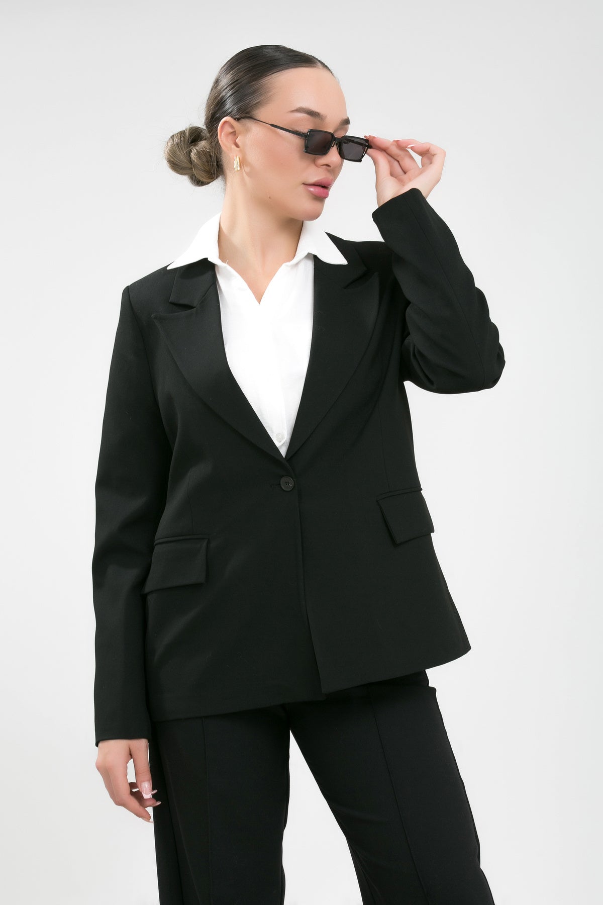 Alt Üst Takım Kadın Blazer Ceket Pantolon Takım Önden Kapak Cepli Rahat Ceket Pantolon Takımı Siyah