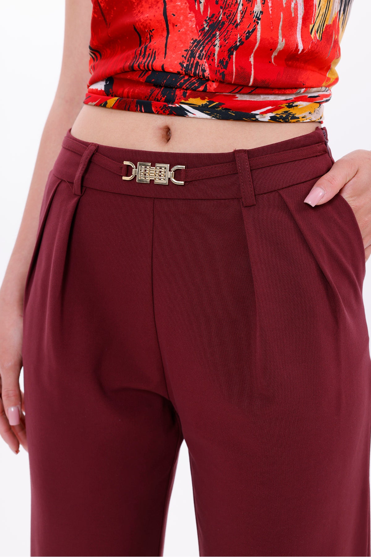 Kadın Pantolon Geniş Paça Pileli Pantolon Gold Tokalı Palazzo Pantolon Bordo Kadın Pantolon Şık