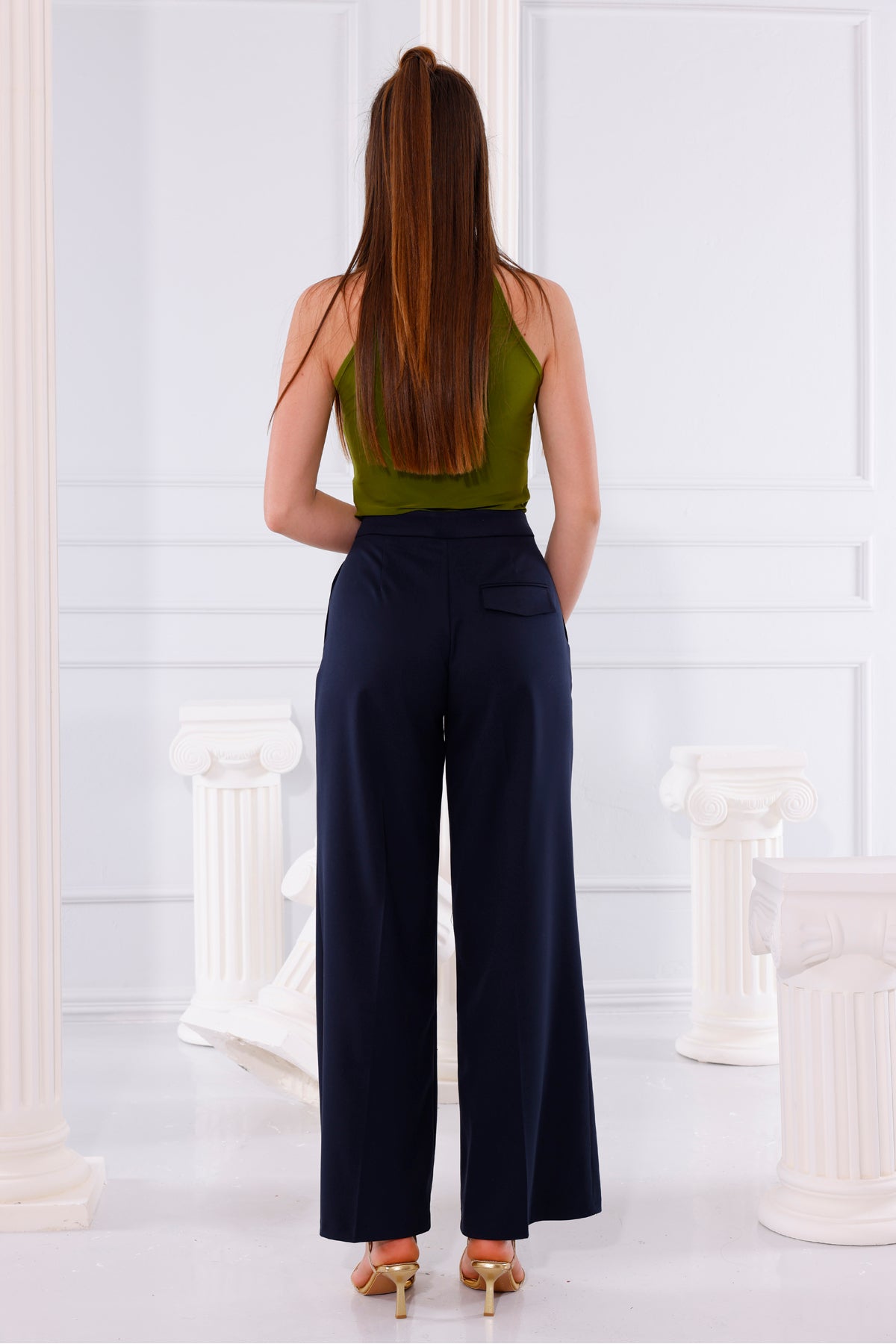 Kadın Pantolon Palazzo Pantolon Normal Bel Dokuma Kapaklı Kadın Lacivert Pantolon