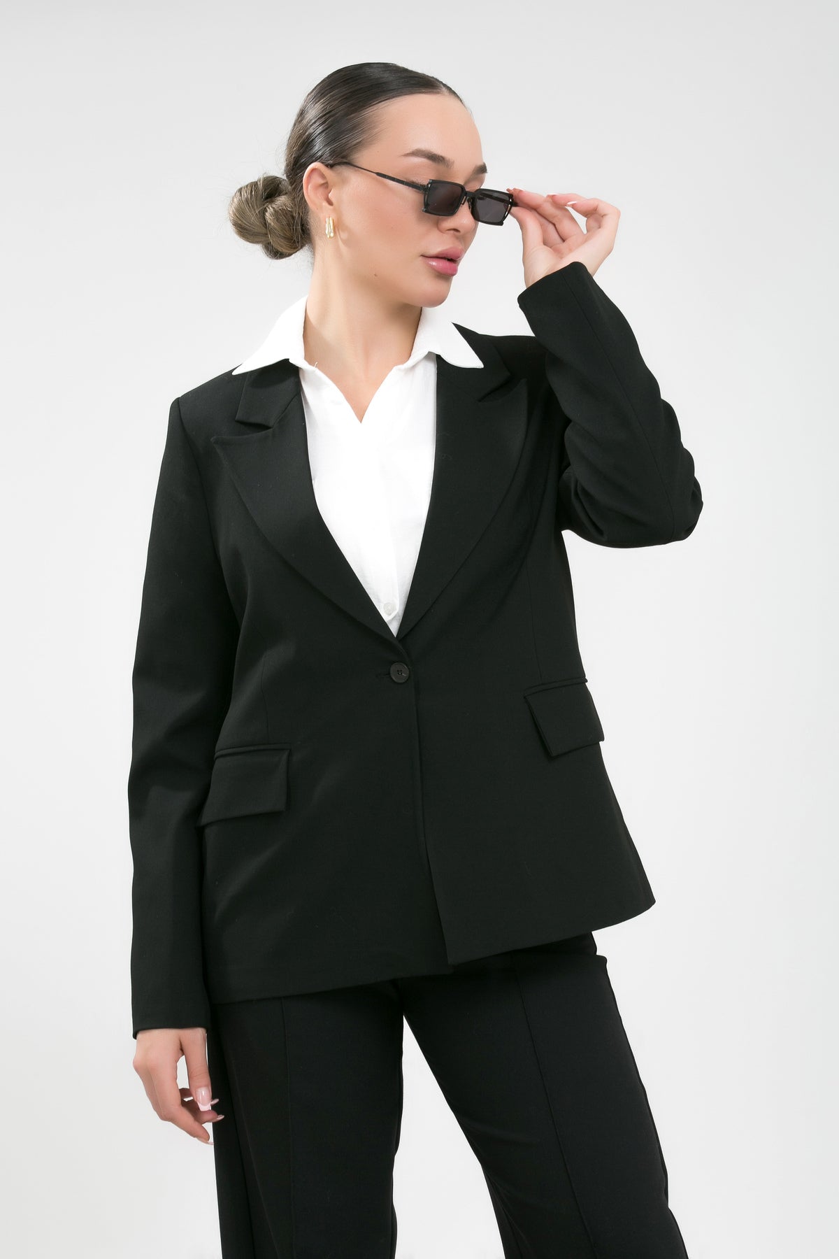 Alt Üst Takım Kadın Blazer Ceket Pantolon Takım Önden Kapak Cepli Rahat Ceket Pantolon Takımı