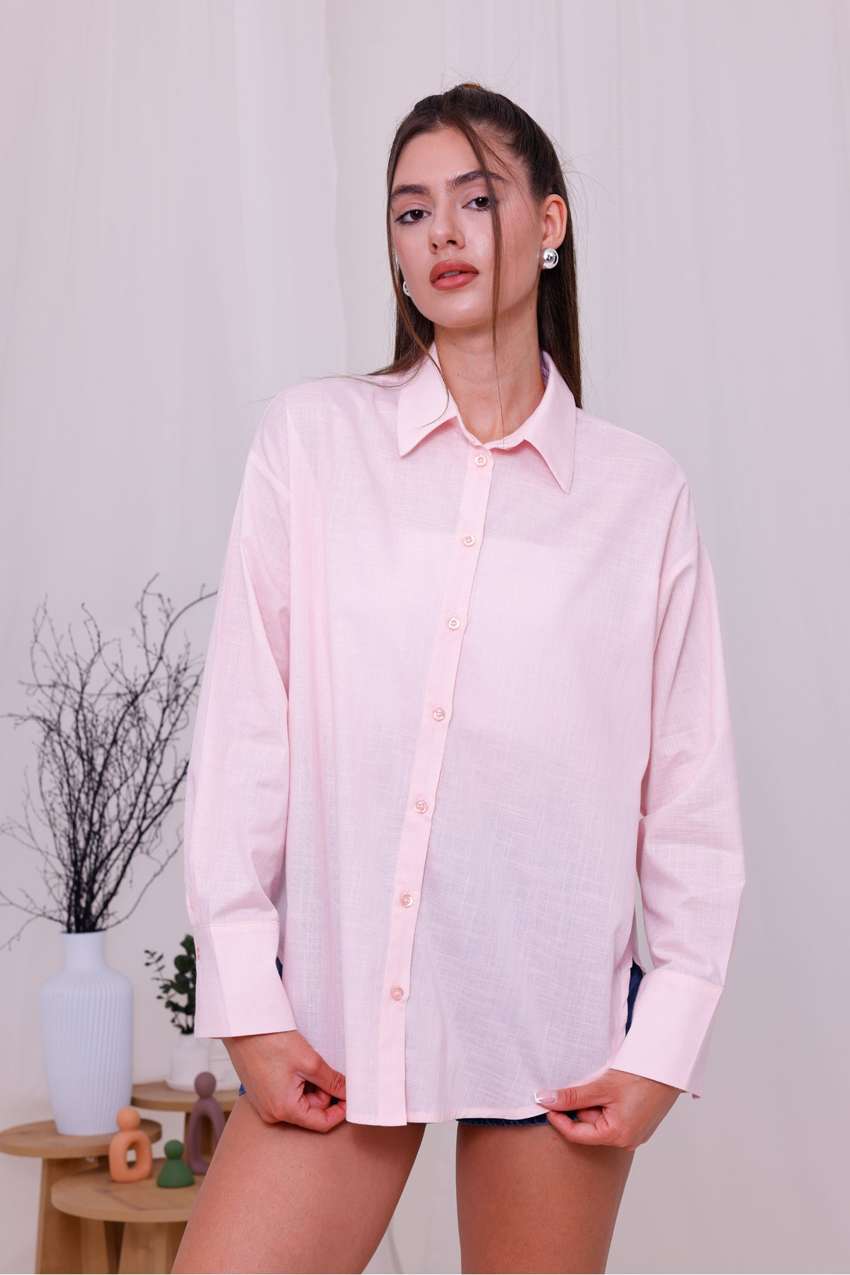 Kadın Gömlek Salaş Oversize Uzun Kollu Pembe Gömlek Önden Düğmeli Gömlek Takım