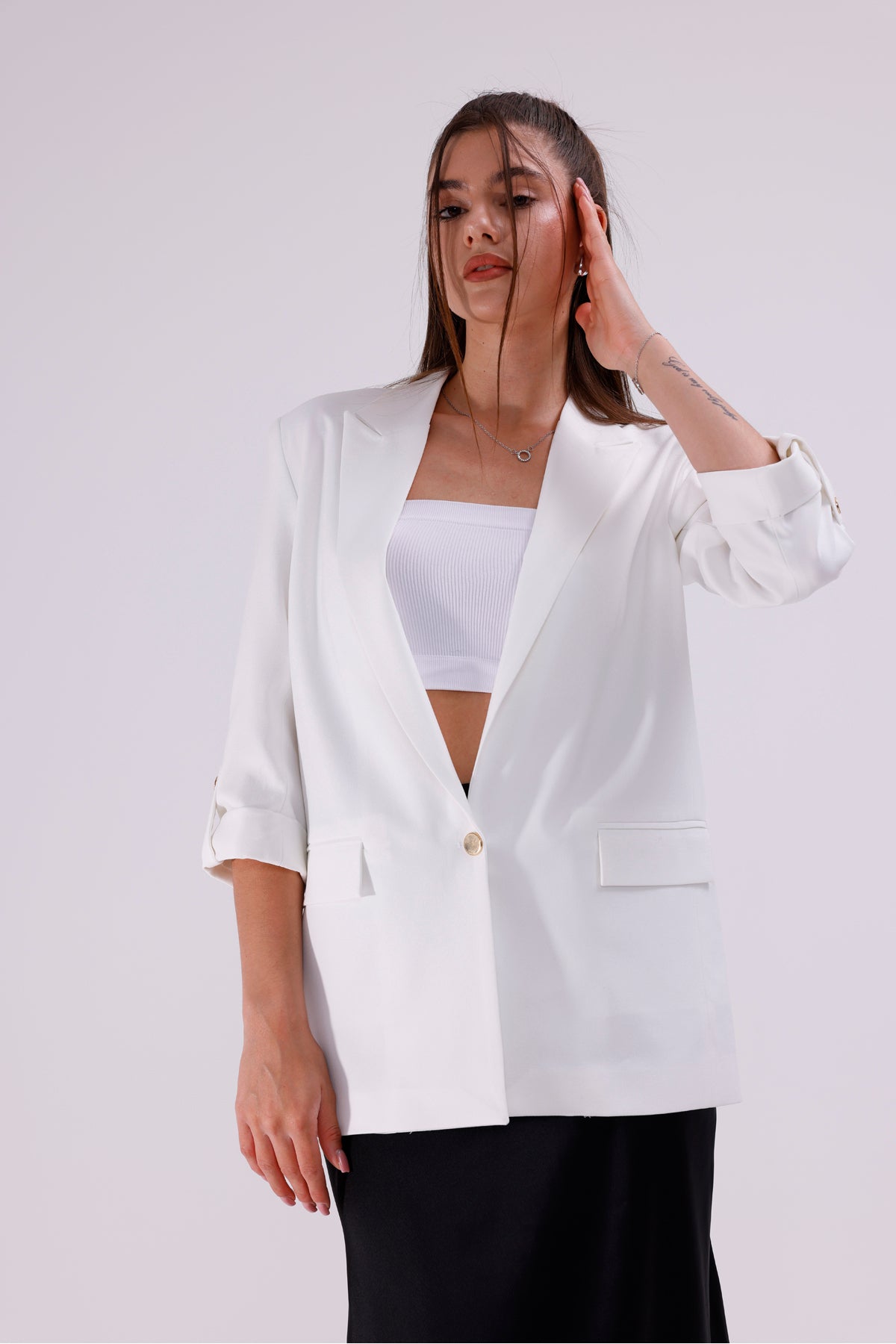 Kadın Ceket İçi Astarlı Beyaz Blazer Kadın Ceket Uzun Şık Blezir Tesettür Ceket Kumaş Düğmeli Spor