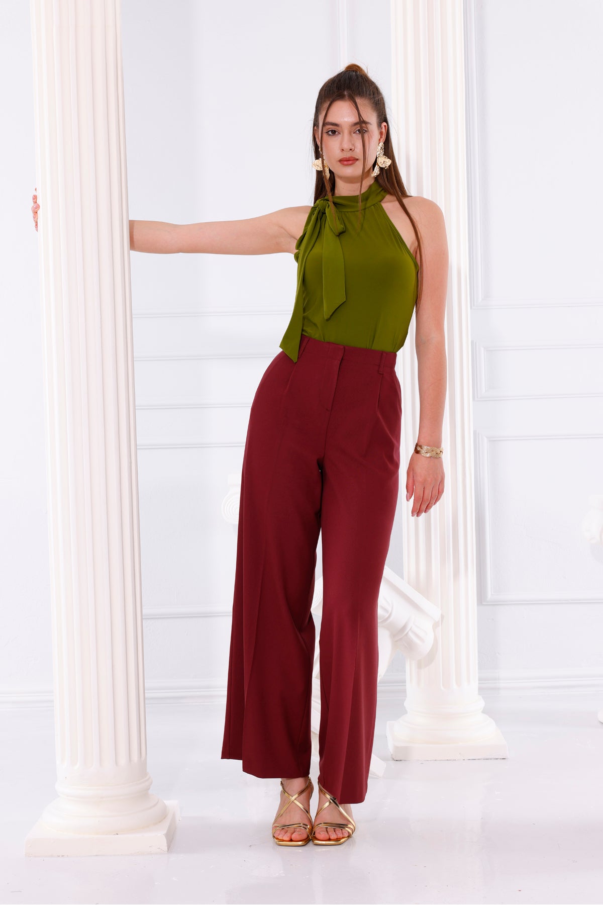 Kadın Pantolon Palazzo Pantolon Pileli Geniş Paça Arka Cepli Bol Paça Kadın Bordo Kumaş Pantolon