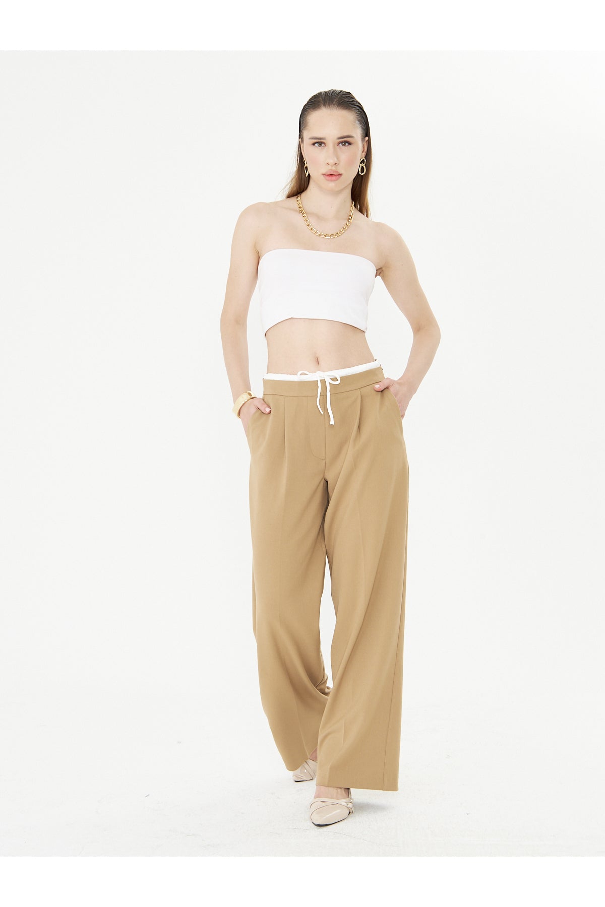 Kadın Pantolon Bağcıklı Bol Paça Pantolon Likralı Geniş Paça Rahat Camel Pileli Pantolon Şık