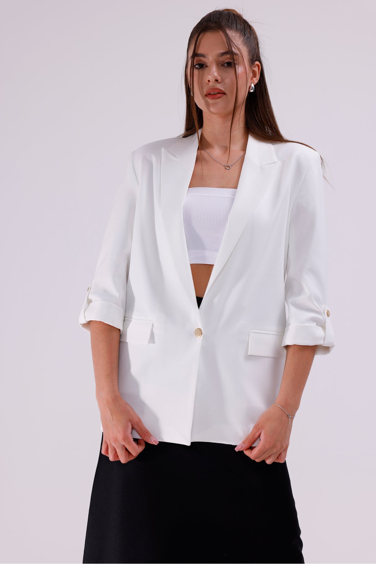 Kadın Ceket İçi Astarlı Beyaz Blazer Kadın Ceket Uzun Şık Blezir Tesettür Ceket Kumaş Düğmeli Spor