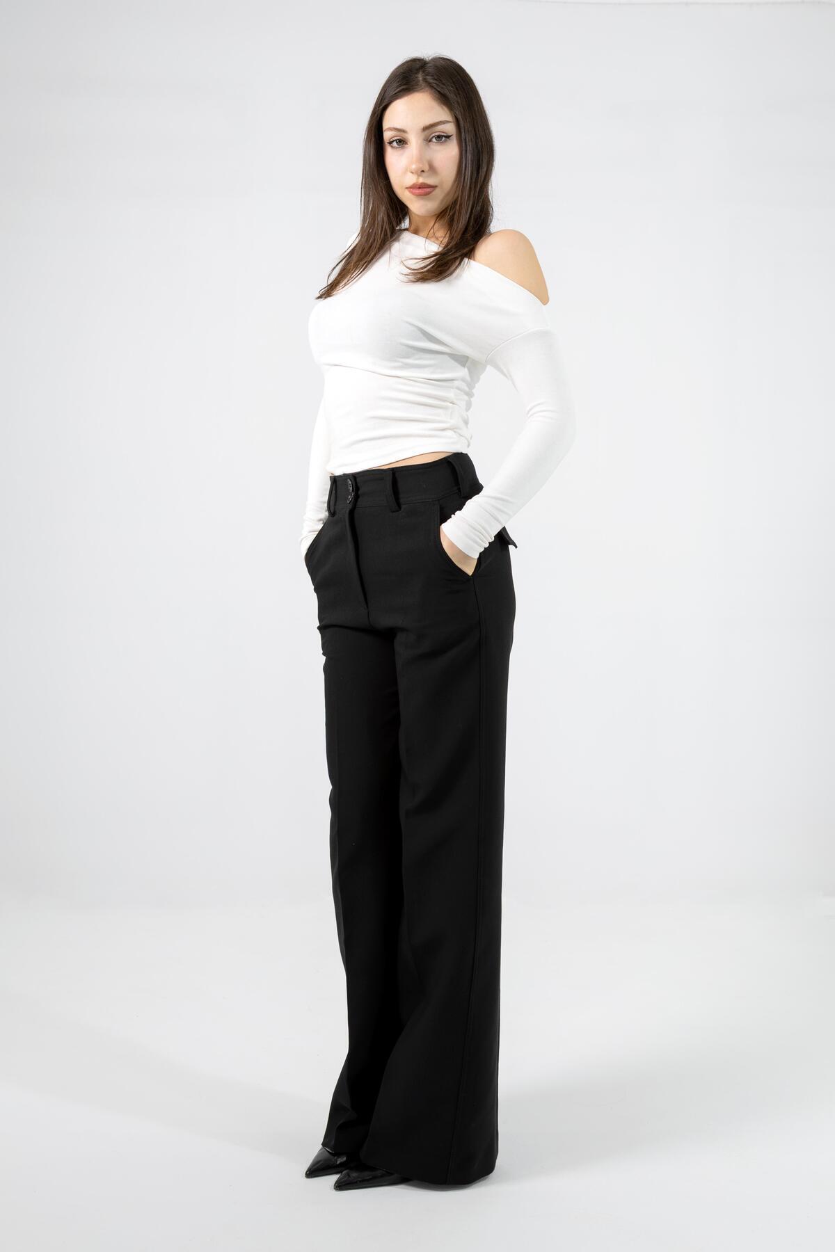 Kadın Pantolon Palazzo Pantolon Geniş Paça Likralı Bol Paça Rahat Siyah Kumaş Wide Leg Likralı Şık
