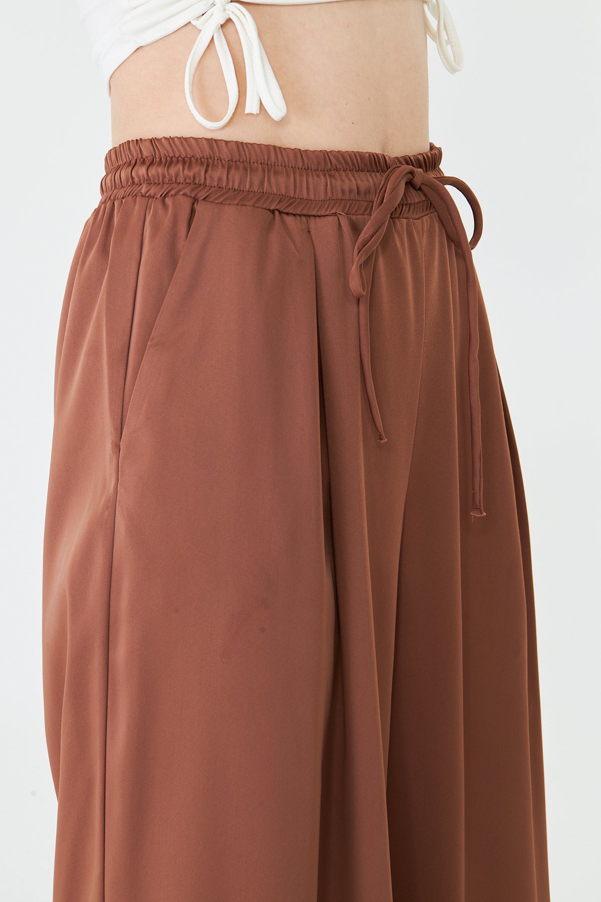 Kadın Pantolon Beli Lastikli Bağcıklı Bol Paça Pantolon Likralı Geniş Paça Rahat