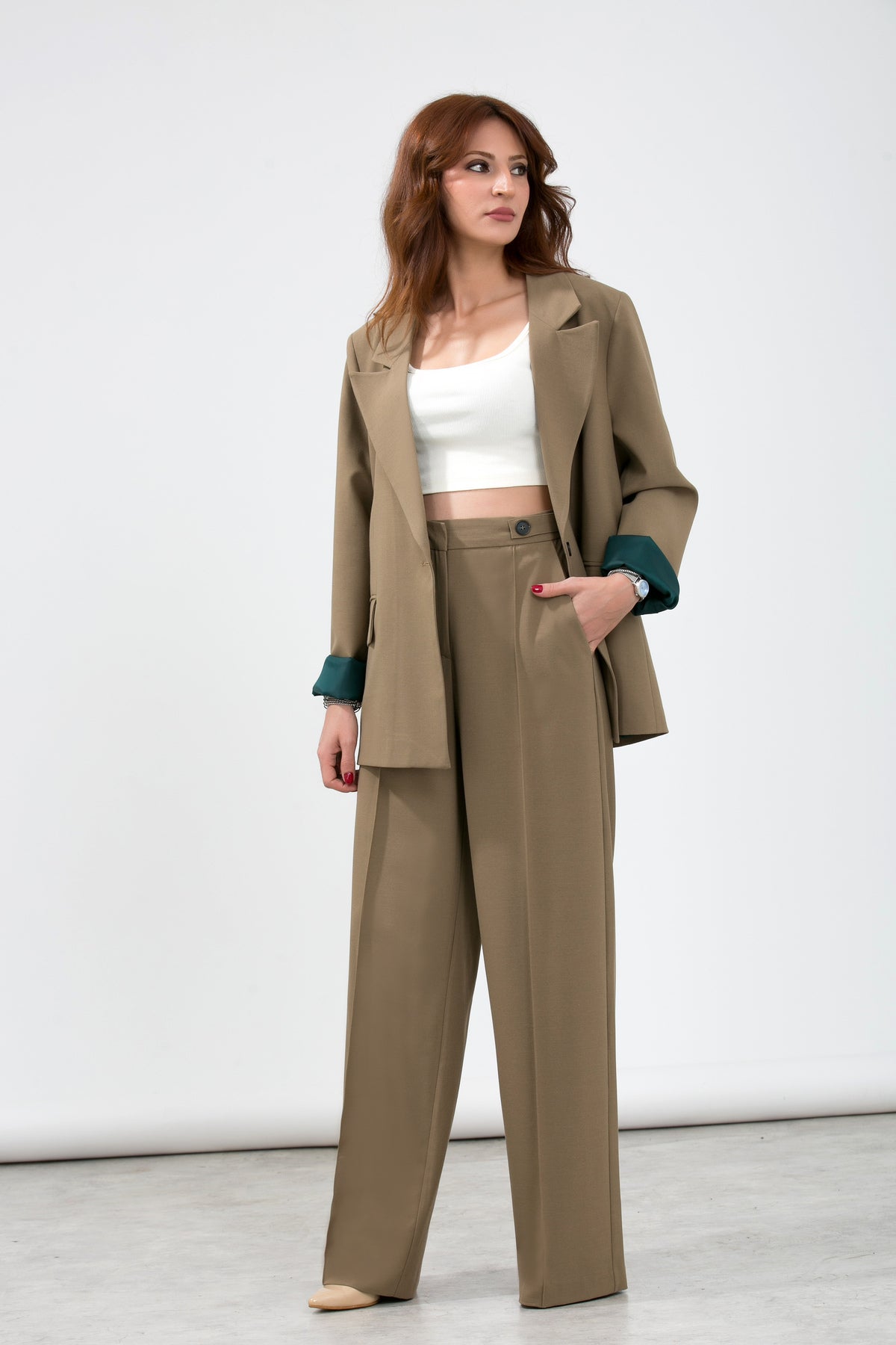 Alt Üst Takım Kadın Blazer Ceket Pantolon Takım Önden Kapaklı Cepli Rahat Ceket Pantolon Takımı Haki