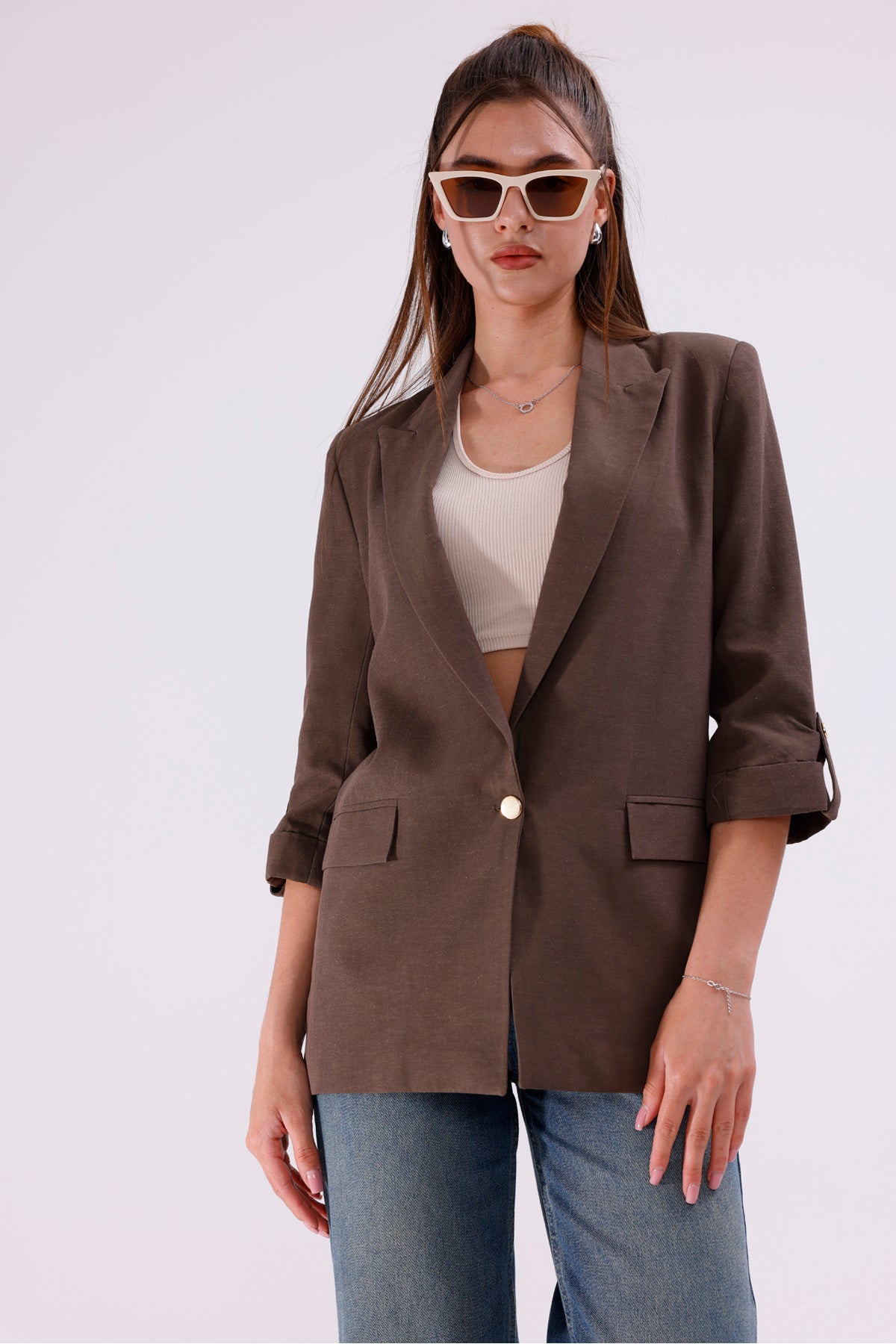 Kadın Ceket İçi Astarlı Blazer Kadın Ceket Uzun Şık Blezir Tesettür Ceket Kumaş Düğmeli Haki