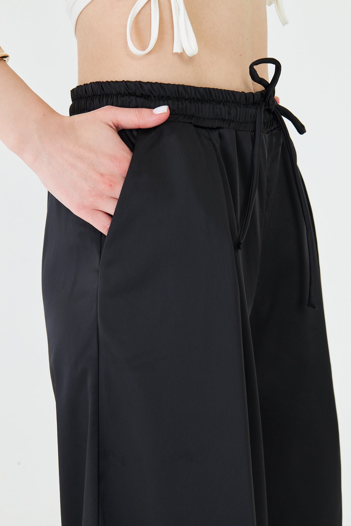 Kadın Pantolon Beli Lastikli Bağcıklı Bol Paça Pantolon Likralı Geniş Paça Rahat