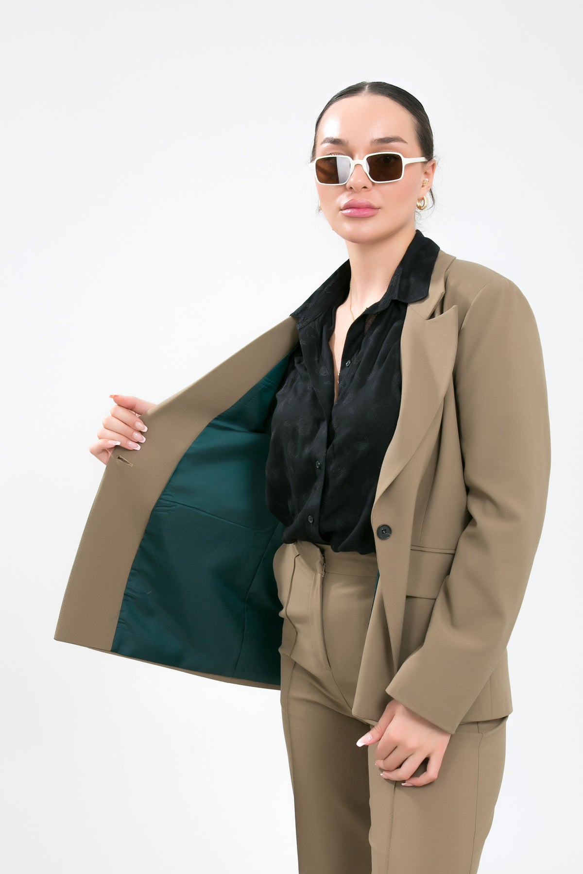 Alt Üst Takım Kadın Blazer Ceket Pantolon Takım Önden Kapaklı Cepli Rahat Ceket Pantolon Takımı Haki