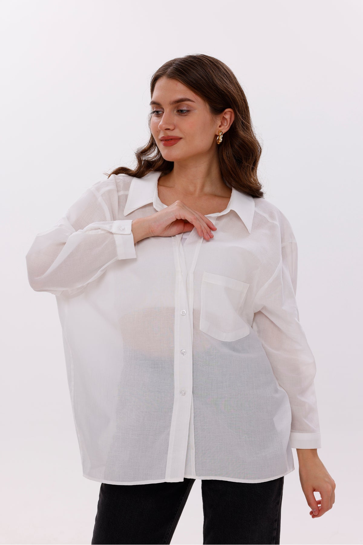 Kadın Gömlek Salaş Oversize Gömlek Önden Cepli Düşük Omuzlu % 100 Pamuk Gömlek