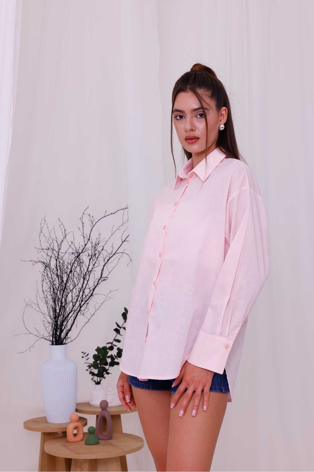 Kadın Gömlek Salaş Oversize Uzun Kollu Pembe Gömlek Önden Düğmeli Gömlek Takım