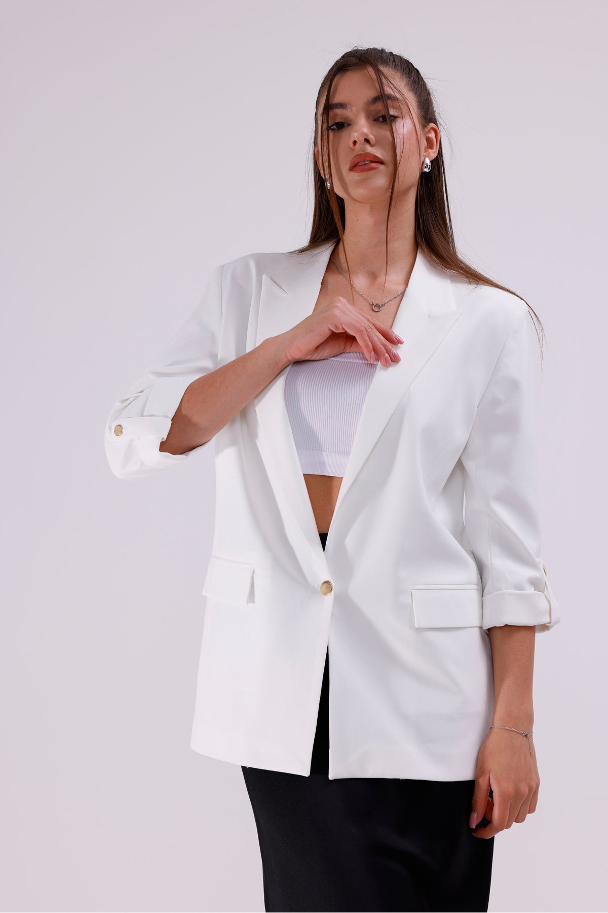 Kadın Ceket İçi Astarlı Beyaz Blazer Kadın Ceket Uzun Şık Blezir Tesettür Ceket Kumaş Düğmeli Spor