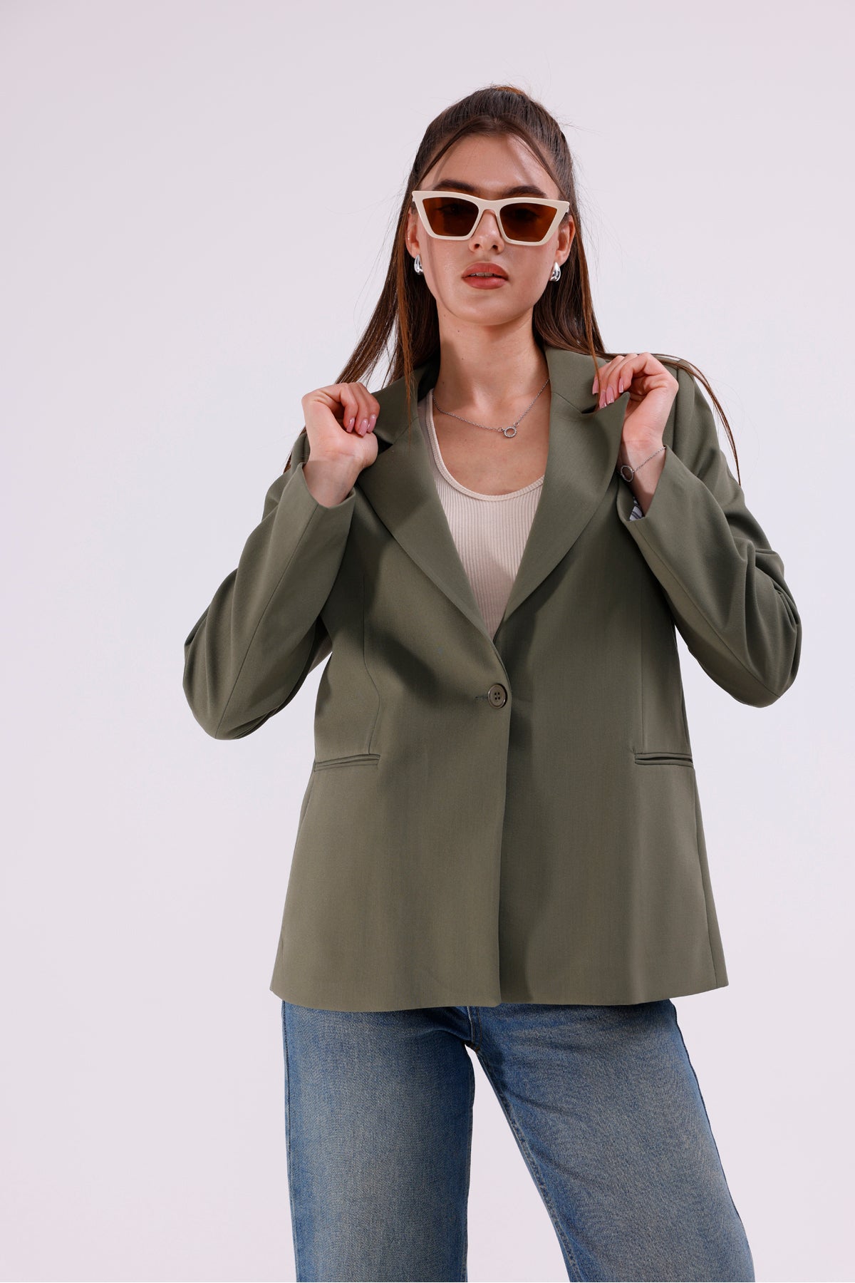 Kadın Ceket İçi Astarlı Yeşil Blazer Kadın Ceket Uzun Şık Blezir Tesettür Ceket Kumaş Düğmeli Spor