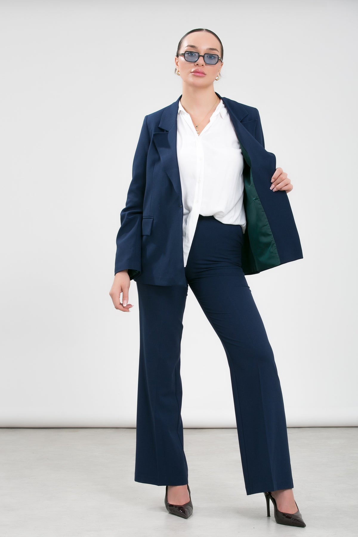 Alt Üst Takım Kadın Blazer Ceket Pantolon Takım Önden Kapak Cep Rahat Ceket Pantolon Takımı Lacivert
