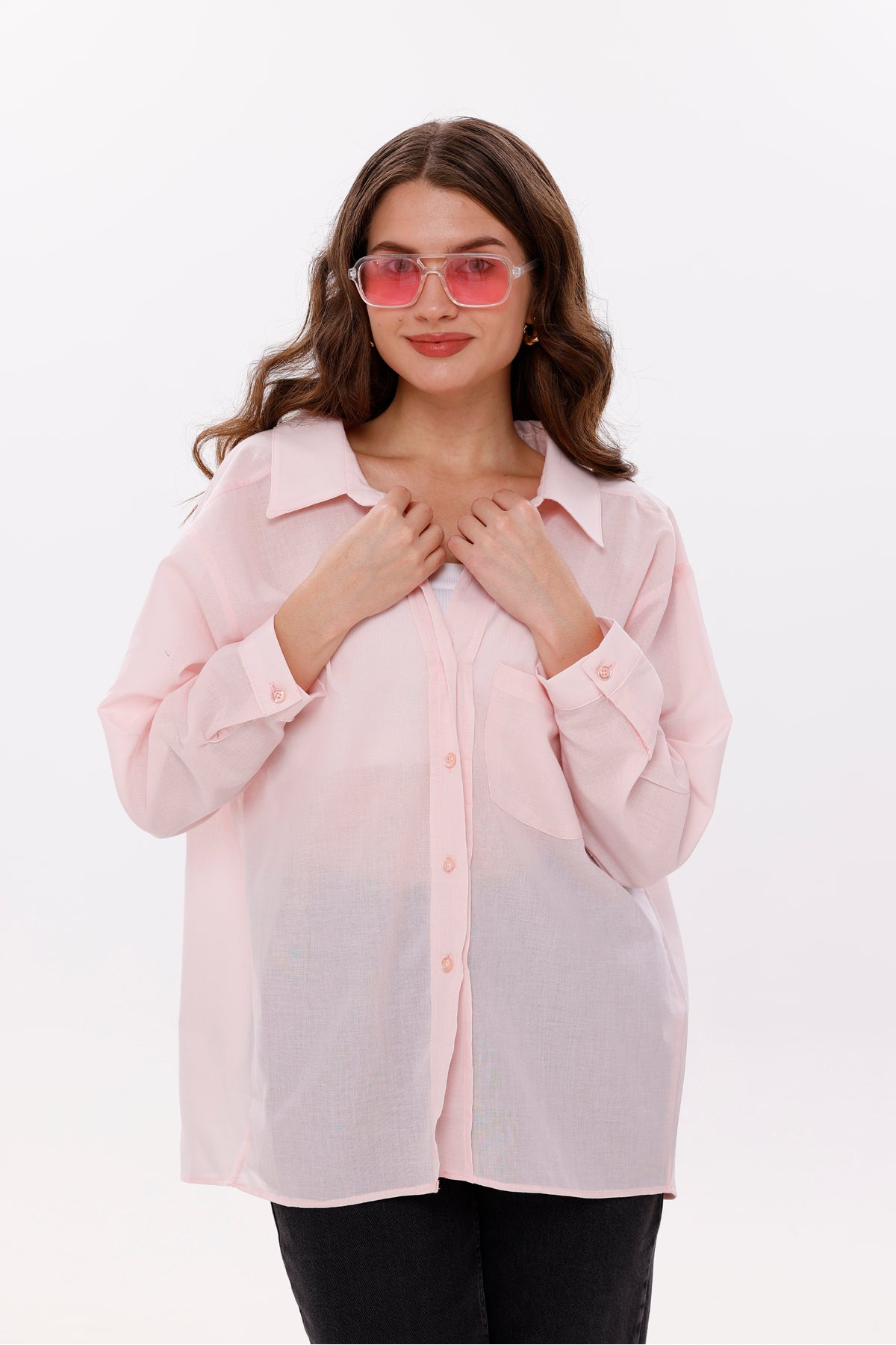 Kadın Gömlek Salaş Oversize Pembe Gömlek Önden Cepli Düşük Omuzlu %100 Pamuk Gömlek