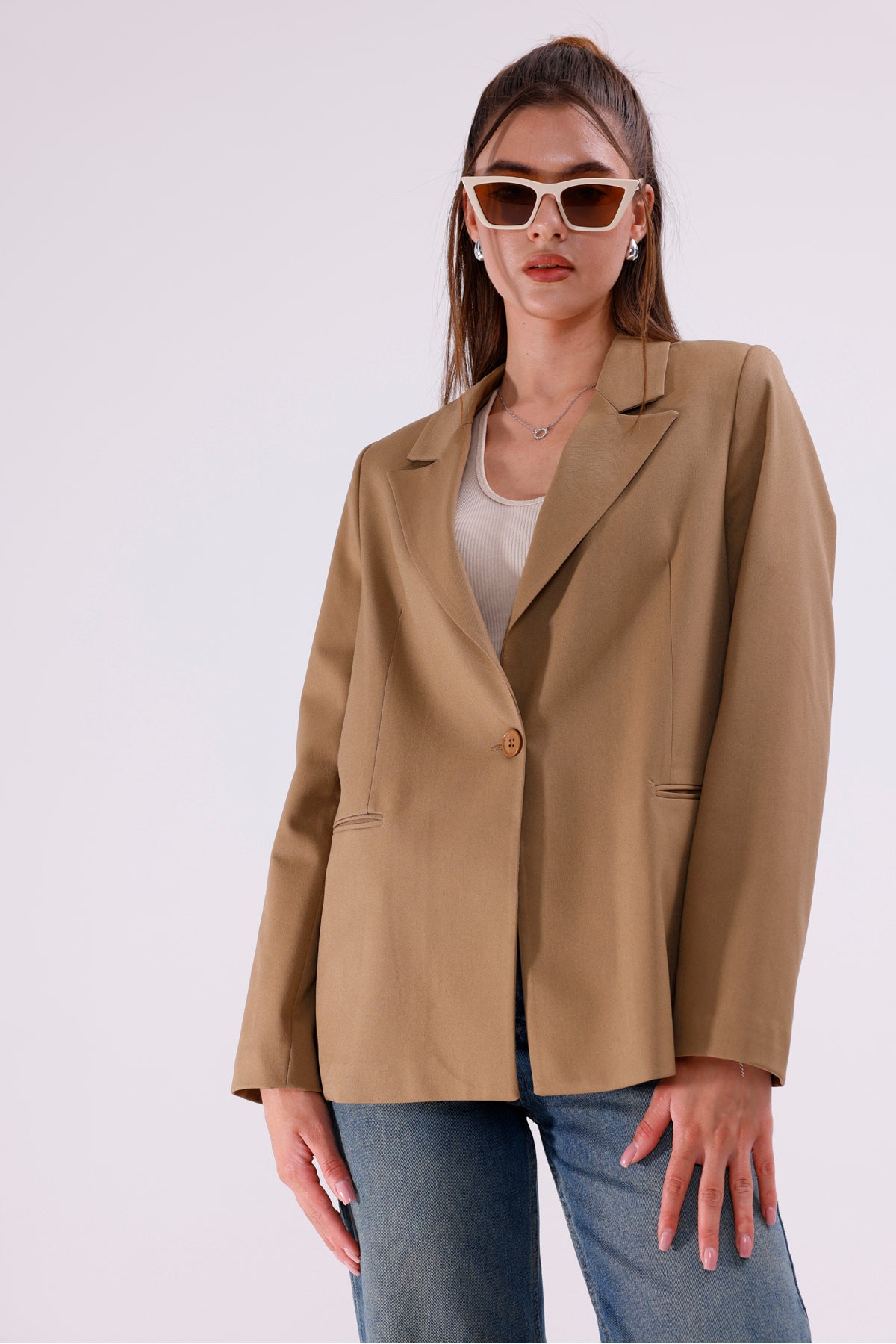 Kadın Ceket İçi Astarlı Blazer Kadın Ceket Uzun Şık Blezir Tesettür Ceket Kumaş Düğmeli Camel Spor