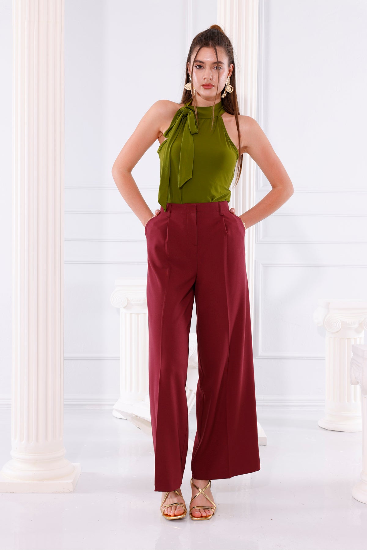 Kadın Pantolon Palazzo Pantolon Pileli Geniş Paça Arka Cepli Bol Paça Kadın Bordo Kumaş Pantolon