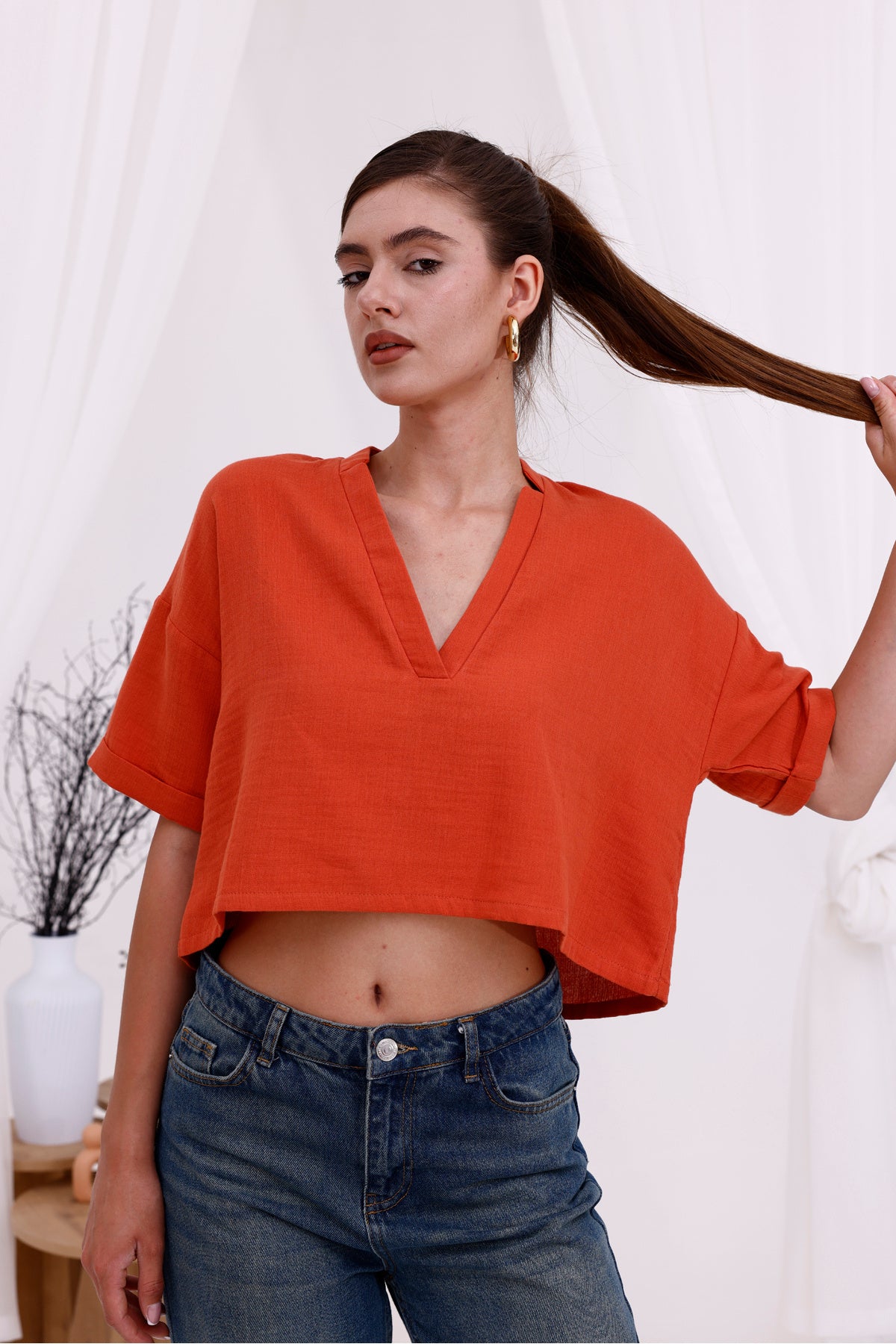 Kadın Bluz Şık Kadın Bluz V Yaka Crop Bluz Kısa Kol Önden Patlı Kısa Bluz Turuncu Salaş Basic