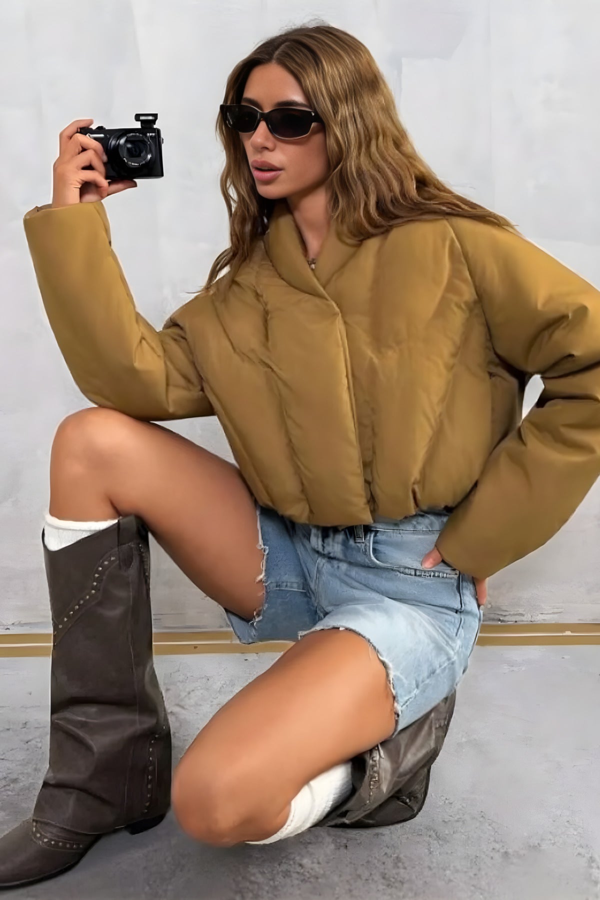 Kadın Mont Şişme Kadın Mont Önden Çıtçıtlı Bel Lastikli Crop Kışlık Mevsimlik Taba Bomber