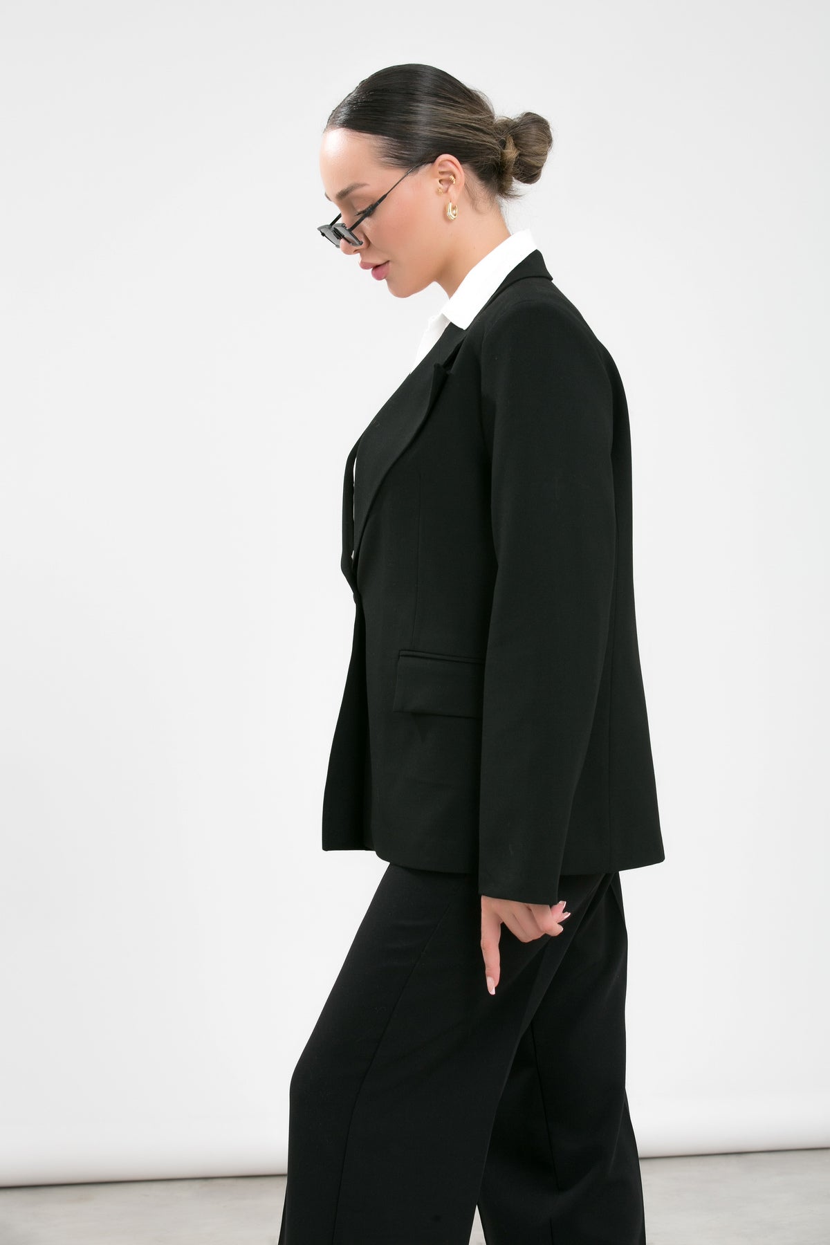 Alt Üst Takım Kadın Blazer Ceket Pantolon Takım Önden Kapak Cepli Rahat Ceket Pantolon Takımı Siyah