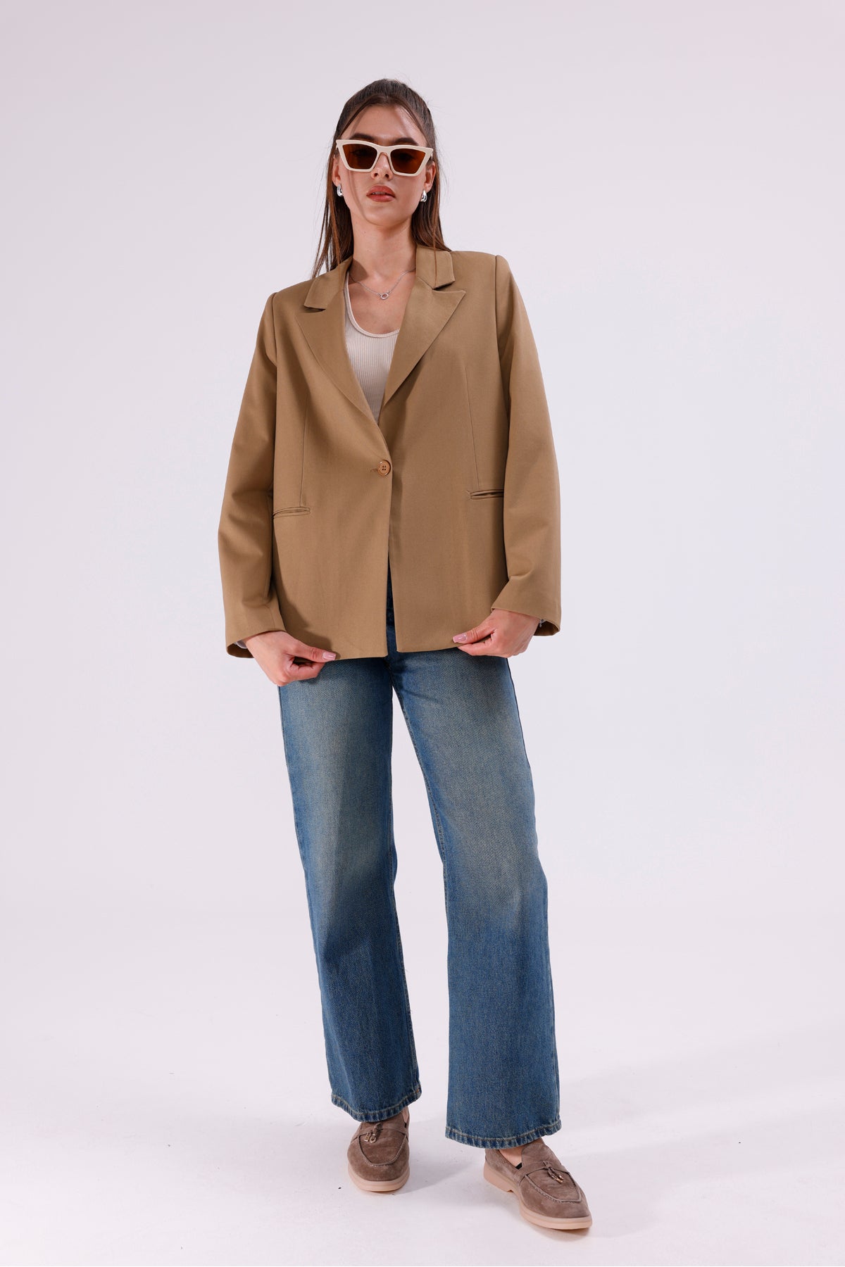 Kadın Ceket İçi Astarlı Blazer Kadın Ceket Uzun Şık Blezir Tesettür Ceket Kumaş Düğmeli Camel Spor