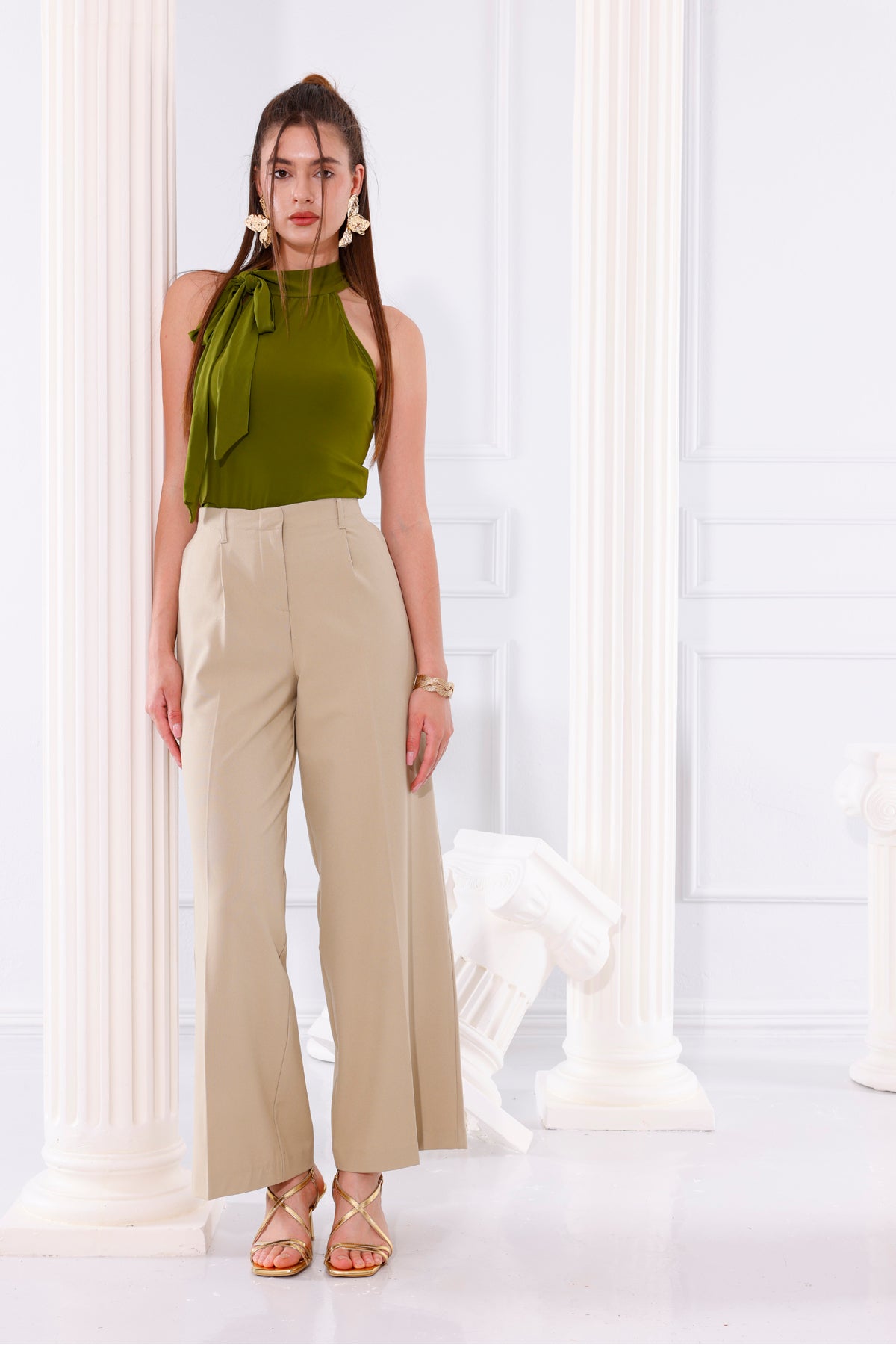 Kadın Pantolon Palazzo Pantolon Pileli Geniş Paça Arka Cepli Bol Paça Kadın Bej Kumaş Pantolon