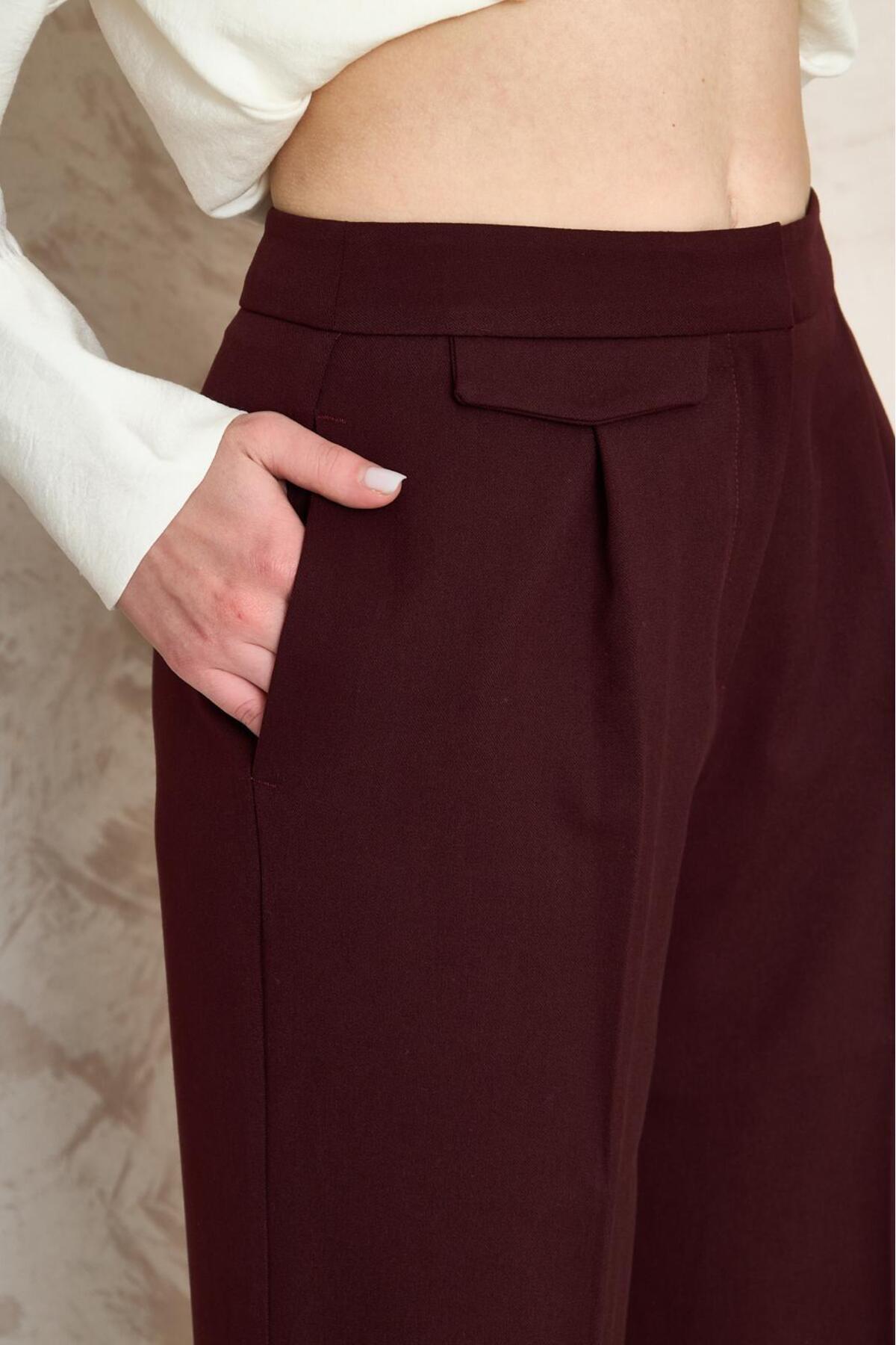 Kadın Pantolon Bol Paça Palazzo Normal Bel Dokuma Kapaklı Kadın Bordo Kumaş Pantolon