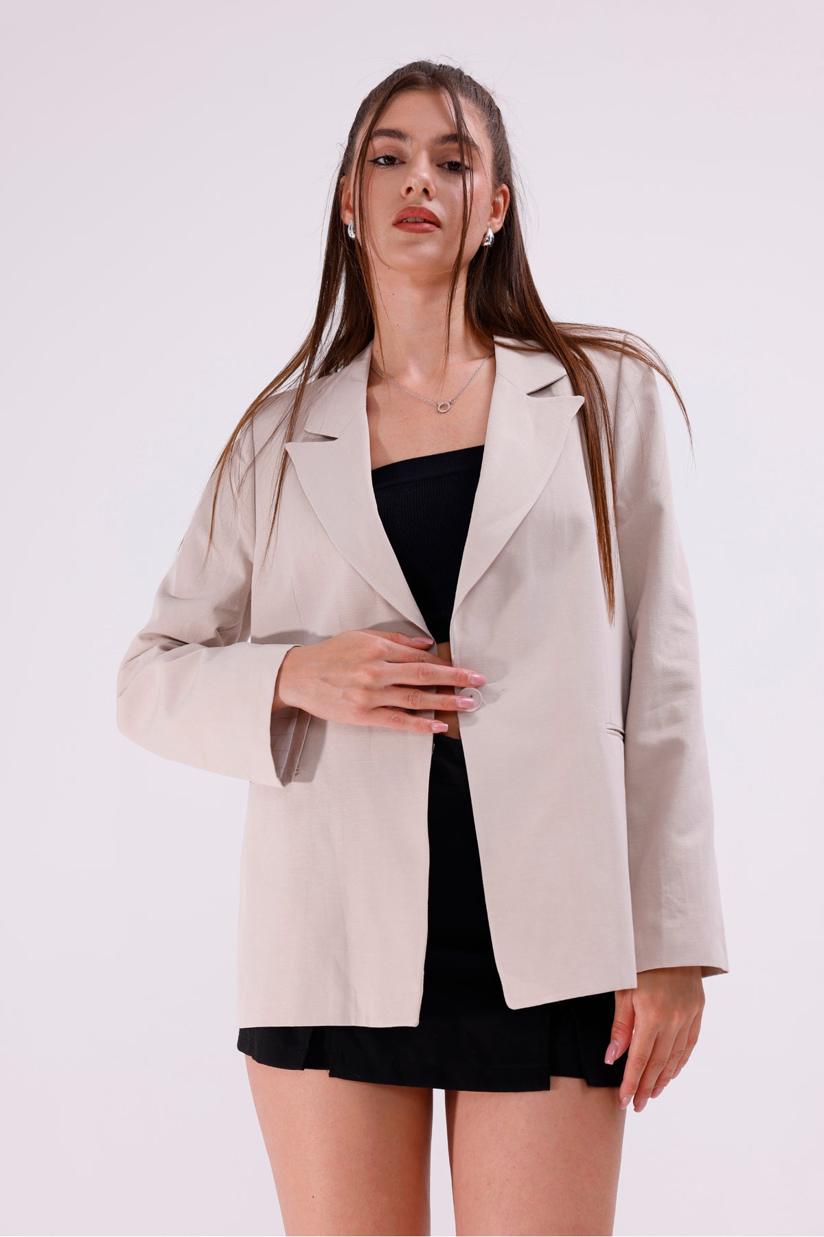 Kadın Ceket İçi Astarlı Blazer Kadın Ceket Uzun Şık Blezir Tesettür Ceket Kumaş Düğmeli Krem