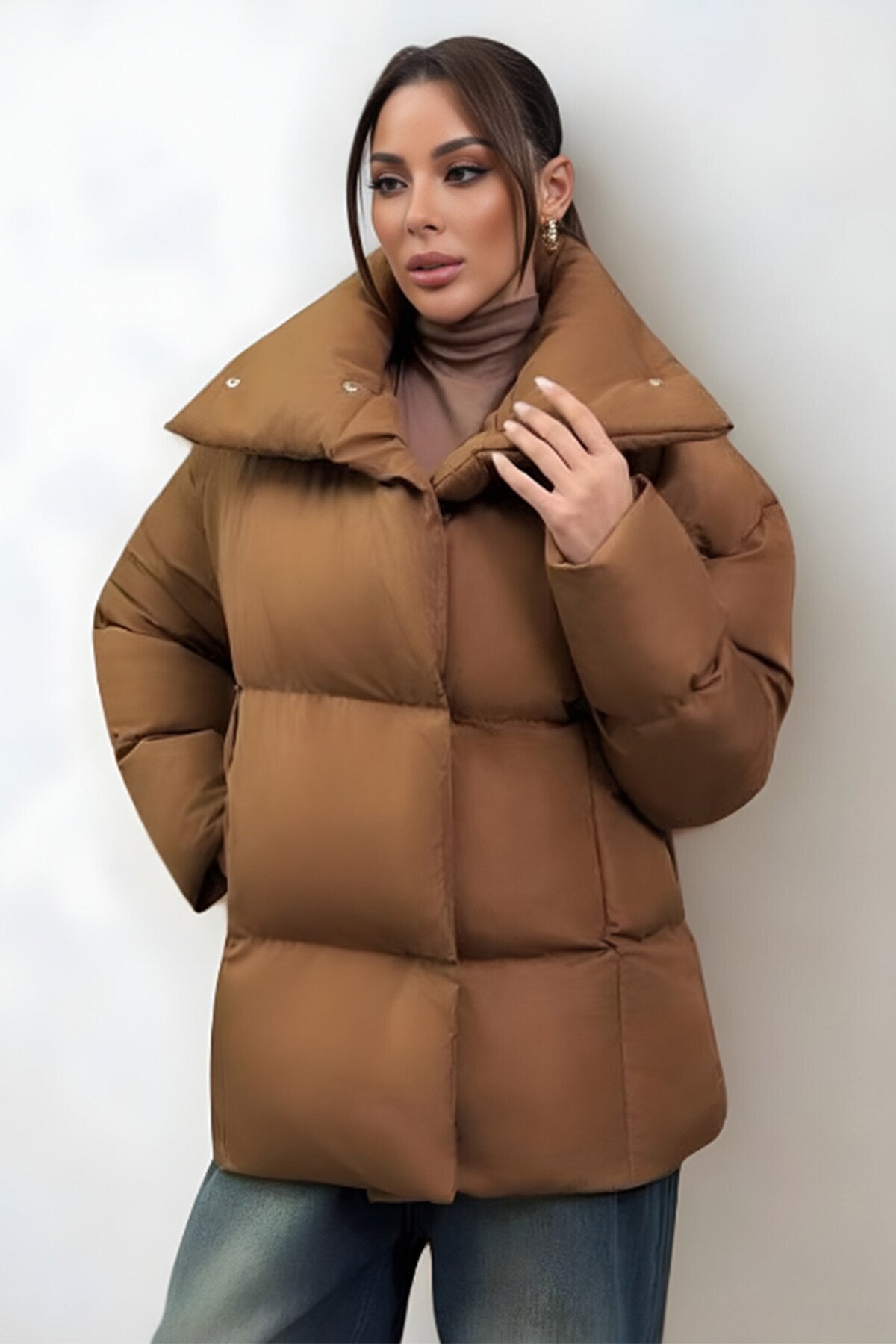Kadın Mont Şişme Kadın Mont Dik Yaka Mevsimlik Şık Bomber Camel Kadın Kaban