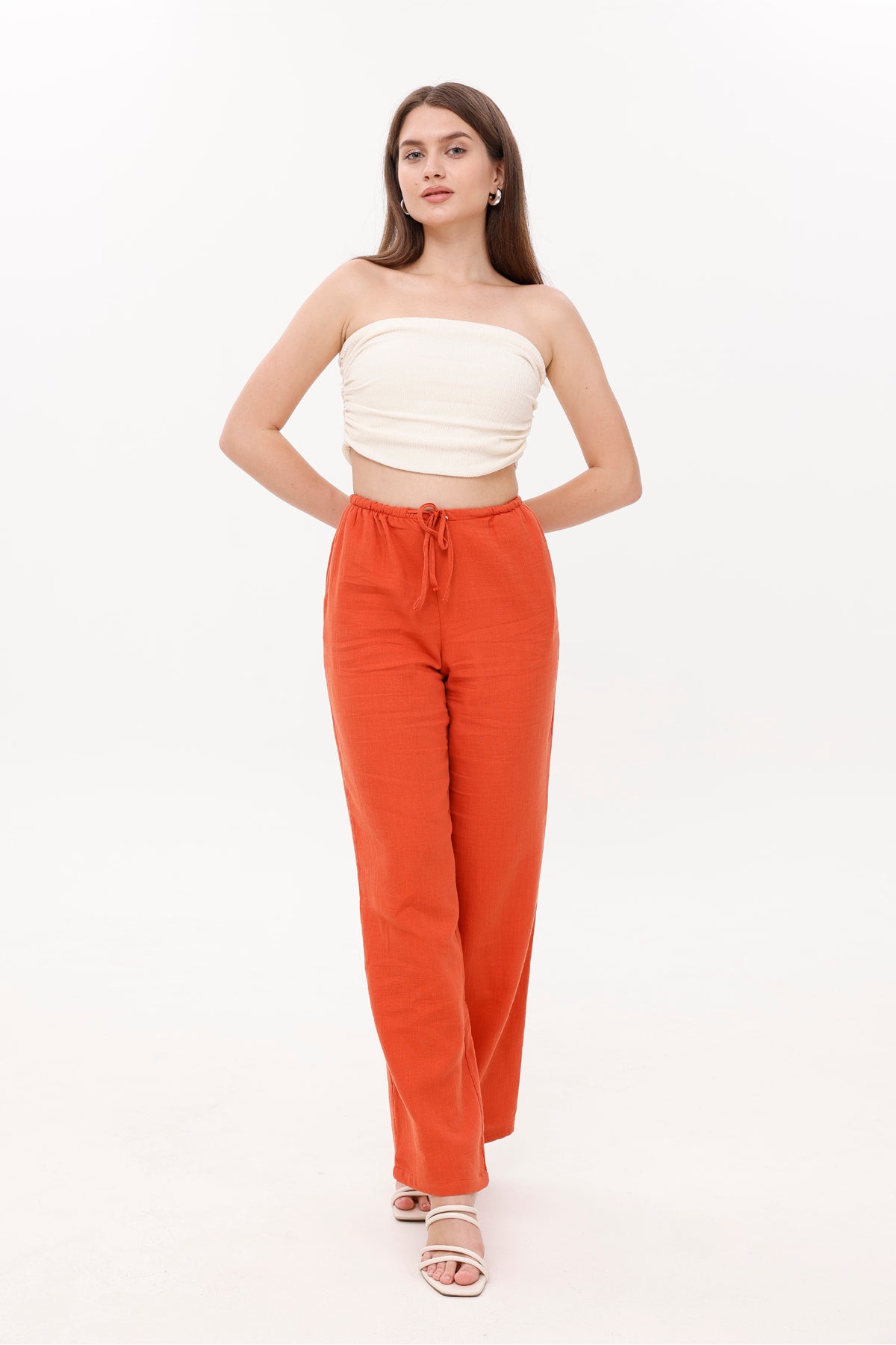 Kadın Pantolon Beli Lastikli Bağcıklı Bol Paça Pantolon Geniş Paça Rahat Pantolon