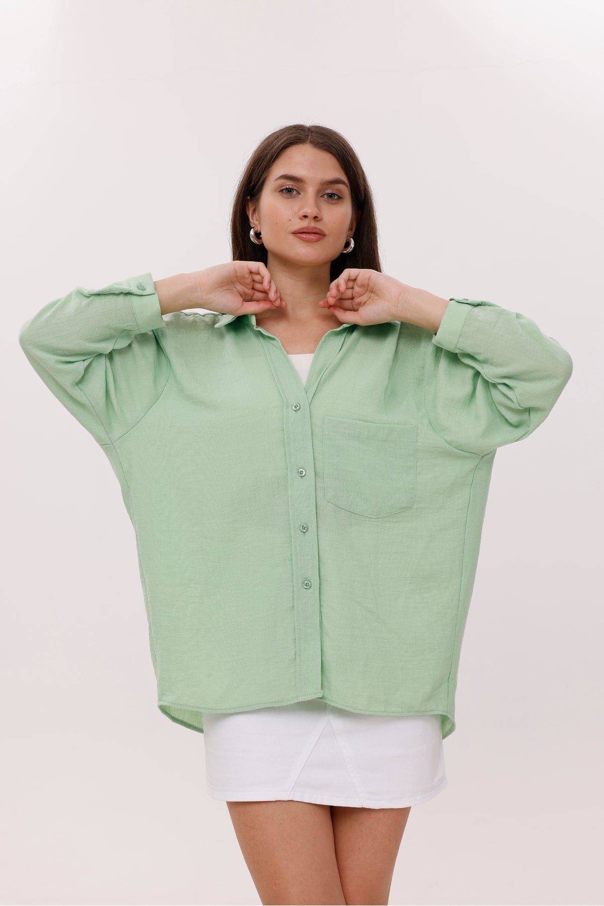 Kadın Gömlek Önden Cepli Düşük Omuz Kadın Gömlek Salaş Oversize Kadın Gömlek