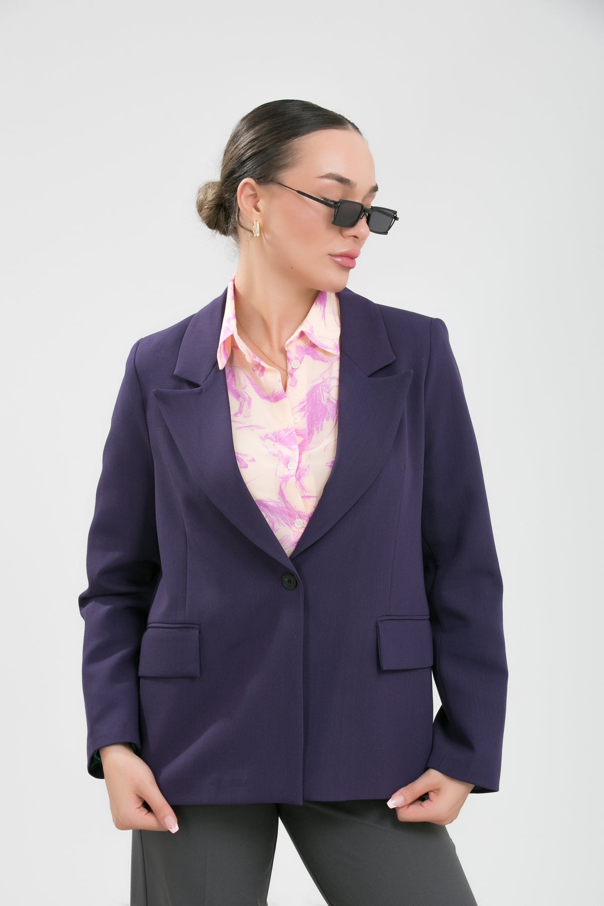 Kadın Ceket Blazer Kadın Ceket Önden Kapaklı Cepli Rahat Kalıp Tesettür Ceket Spor Ceket Mürdüm