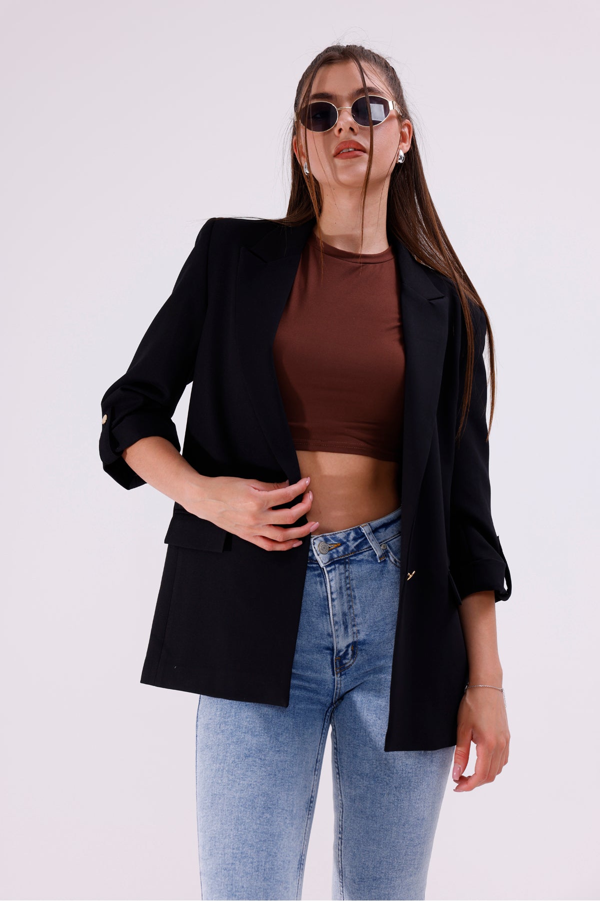 Kadın Ceket İçi Astarlı Blazer Kadın Ceket Uzun Şık Blezir Tesettür Ceket Siyah Kol Düğme Detaylı