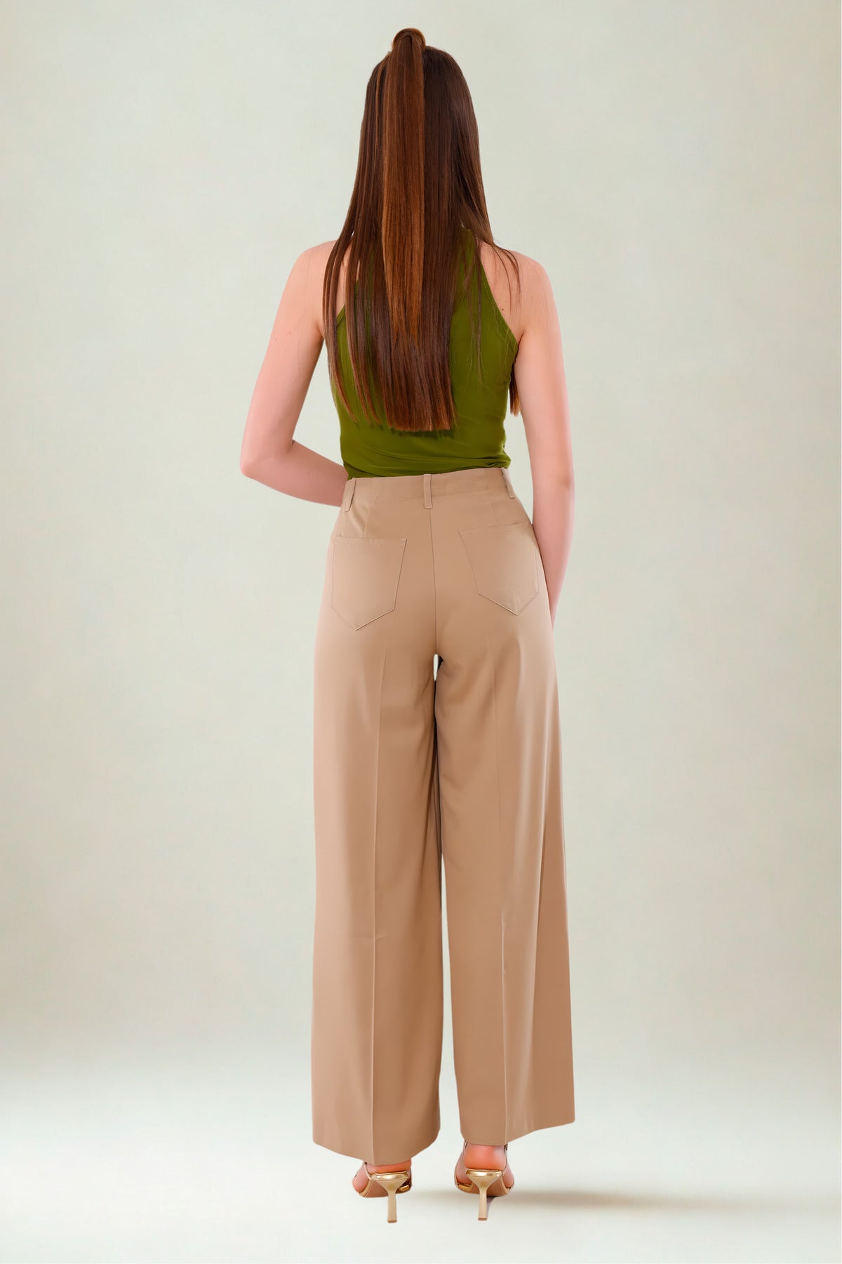 Kadın Pantolon Palazzo Pantolon Pileli Geniş Paça Arka Cepli Bol Paça Kadın Camel Kumaş Pantolon