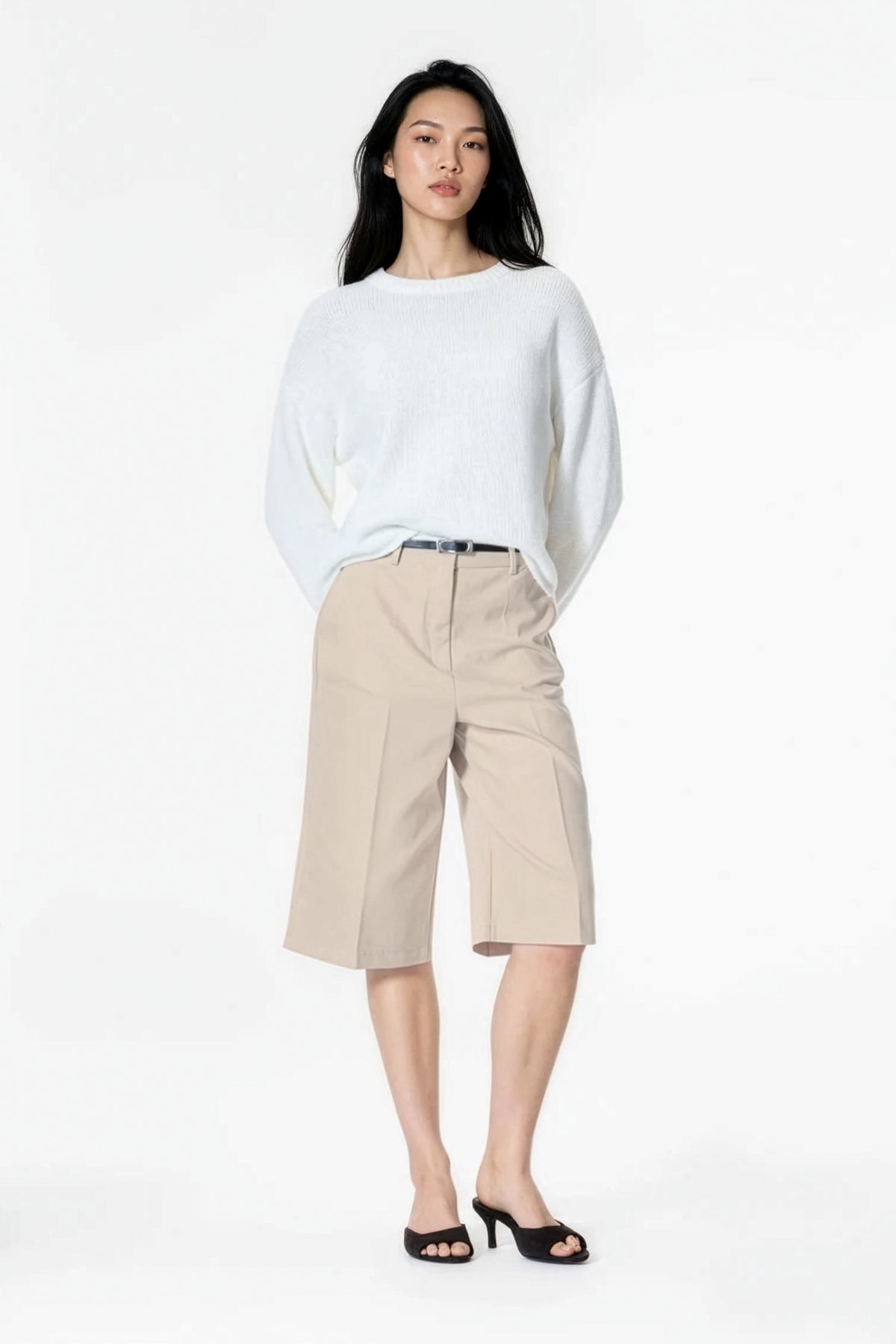 Kadın Şortolon Bermuda Kadın Şort Şehir Boy Kemerli Cepli Kumaş Barrel Wide Leg Bol Rahat Mom Fit