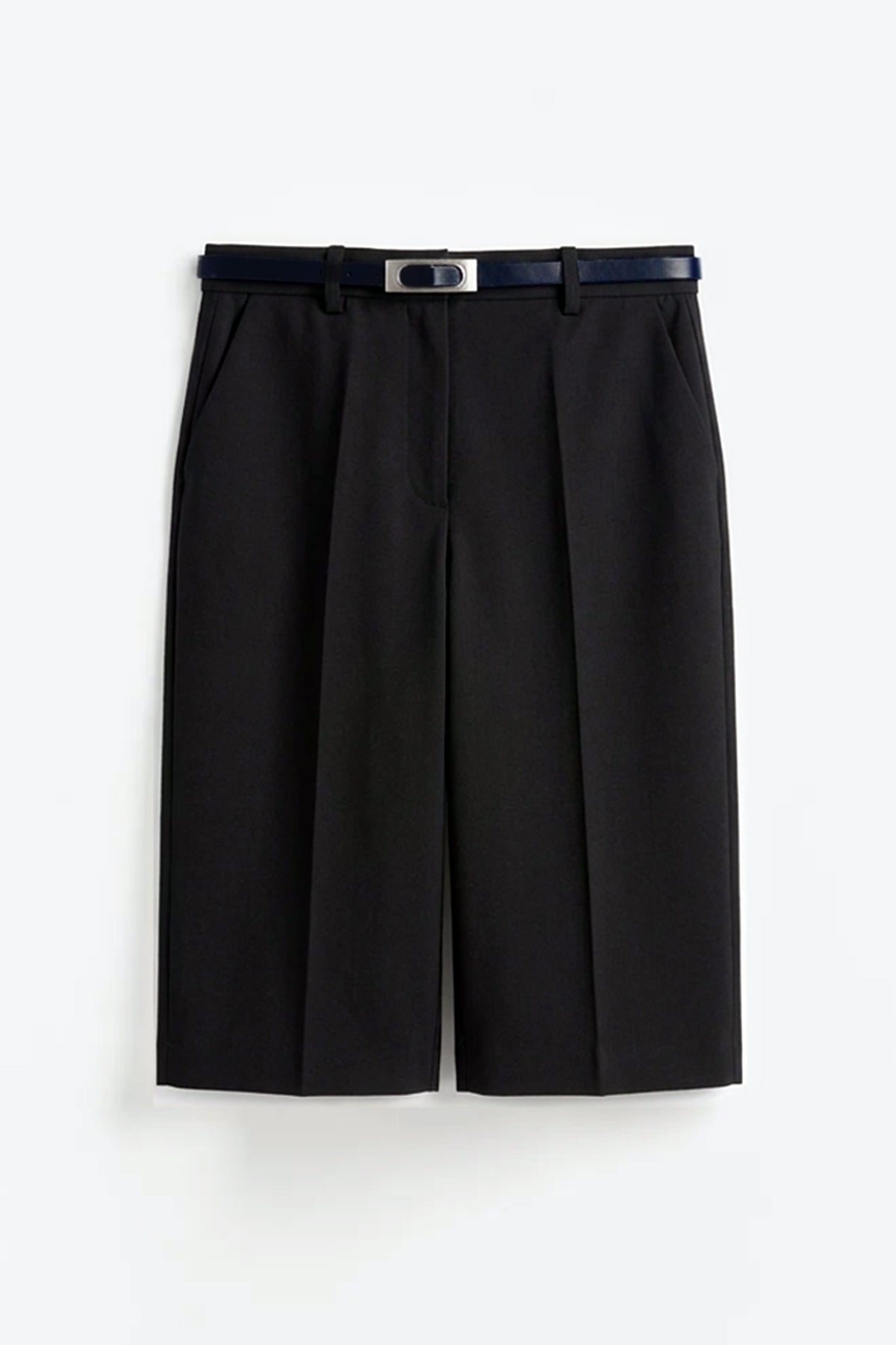 Kadın Şortolon Bermuda Kadın Şort Şehir Boy Kemerli Cepli Kumaş Barrel Wide Leg Bol Rahat Mom Fit